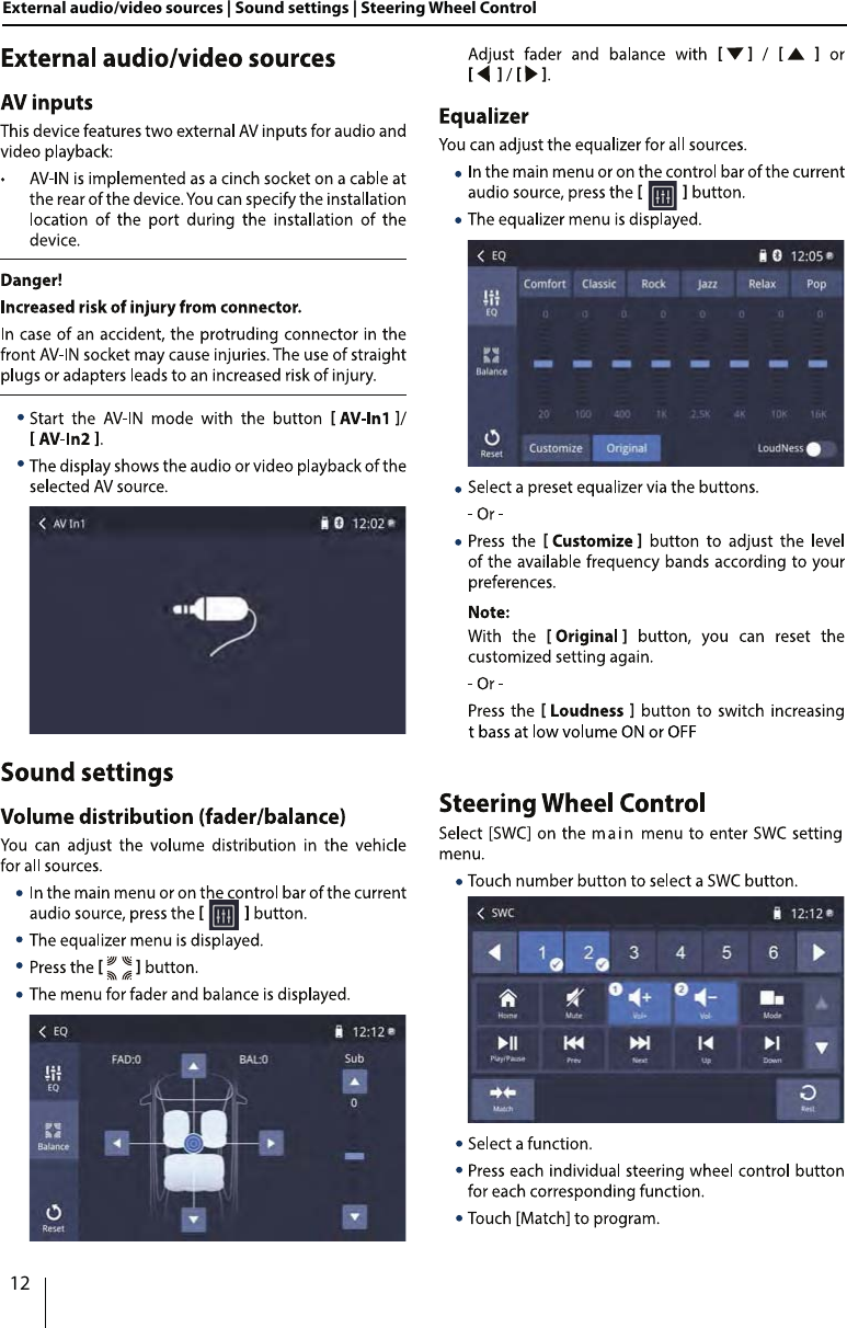 12External audio/video sources | Sound settings | Steering Wheel Control