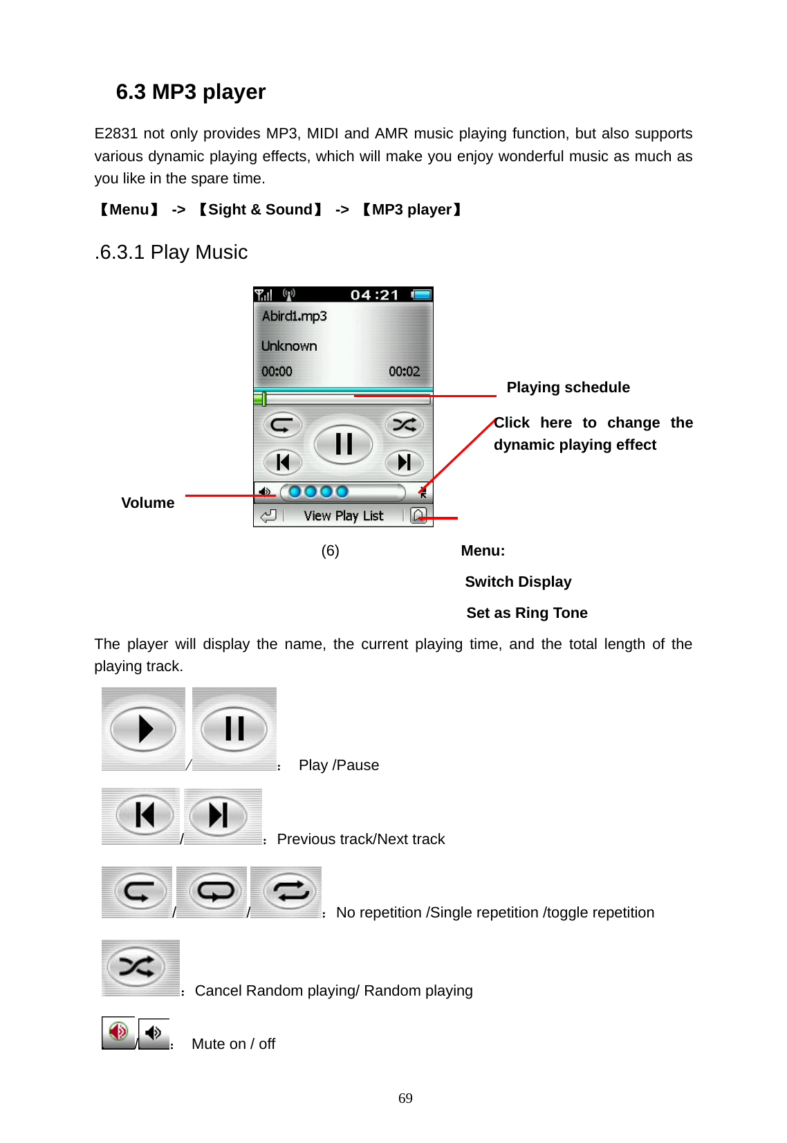   69 6.3 MP3 player E2831 not only provides MP3, MIDI and AMR music playing function, but also supports various dynamic playing effects, which will make you enjoy wonderful music as much as you like in the spare time. 【Menu】 -> 【Sight &amp; Sound】 -> 【MP3 player】 .6.3.1 Play Music             (6)                Menu:  Switch Display   Set as Ring Tone The player will display the name, the current playing time, and the total length of the playing track.   / ： Play /Pause /：Previous track/Next track / / ：No repetition /Single repetition /toggle repetition ：Cancel Random playing/ Random playing /：  Mute on / off Playing schedule Volume Click here to change the dynamic playing effect 