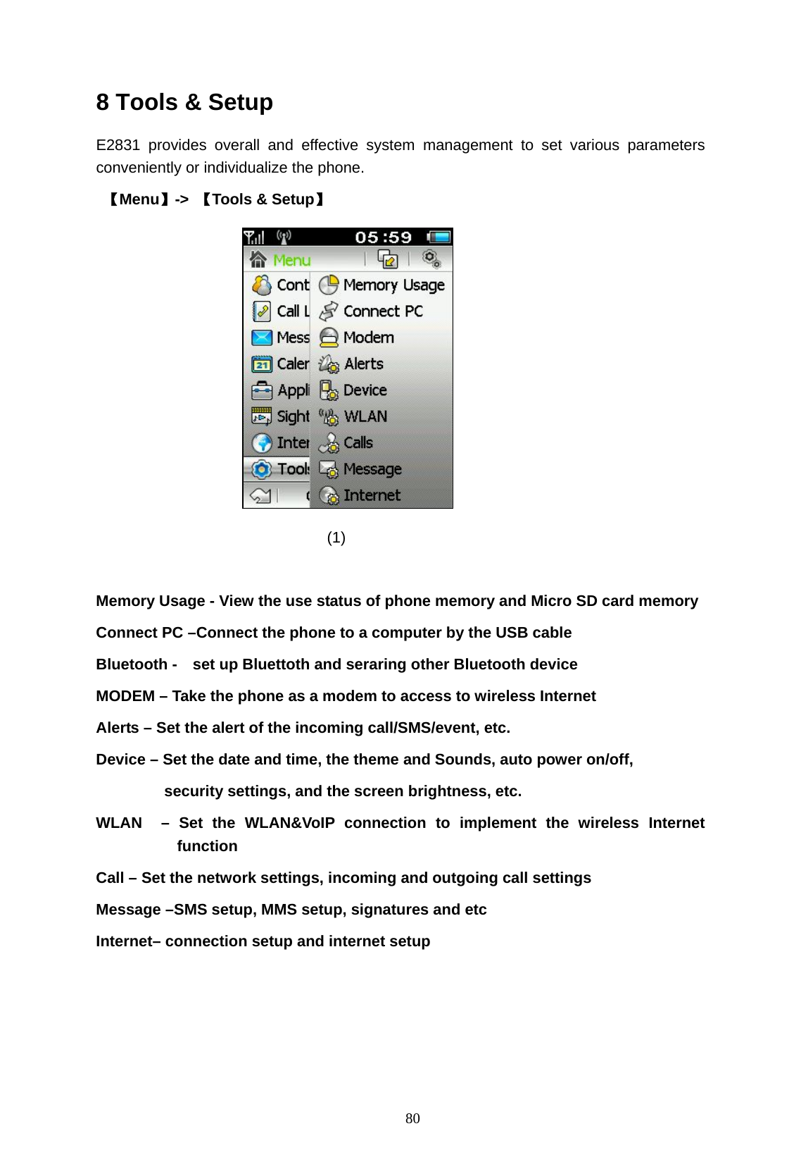  80 8 Tools &amp; Setup E2831 provides overall and effective system management to set various parameters conveniently or individualize the phone.  【Menu】->  【Tools &amp; Setup】                                               (1)  Memory Usage - View the use status of phone memory and Micro SD card memory Connect PC &ndash;Connect the phone to a computer by the USB cable Bluetooth -    set up Bluettoth and seraring other Bluetooth device MODEM &ndash; Take the phone as a modem to access to wireless Internet   Alerts &ndash; Set the alert of the incoming call/SMS/event, etc. Device &ndash; Set the date and time, the theme and Sounds, auto power on/off,   security settings, and the screen brightness, etc. WLAN  &ndash; Set the WLAN&amp;VoIP connection to implement the wireless Internet function Call &ndash; Set the network settings, incoming and outgoing call settings Message &ndash;SMS setup, MMS setup, signatures and etc   Internet&ndash; connection setup and internet setup   