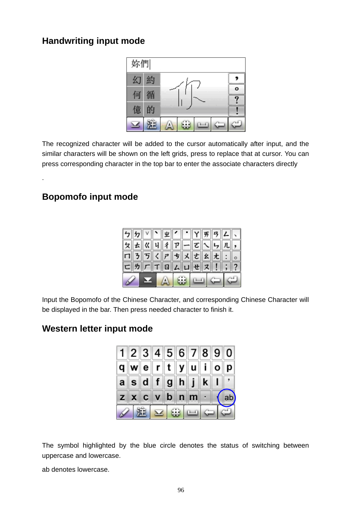   96 Handwriting input mode  The recognized character will be added to the cursor automatically after input, and the similar characters will be shown on the left grids, press to replace that at cursor. You can press corresponding character in the top bar to enter the associate characters directly   . Bopomofo input mode  Input the Bopomofo of the Chinese Character, and corresponding Chinese Character will be displayed in the bar. Then press needed character to finish it. Western letter input mode    The symbol highlighted by the blue circle denotes the status of switching between uppercase and lowercase. ab denotes lowercase. 
