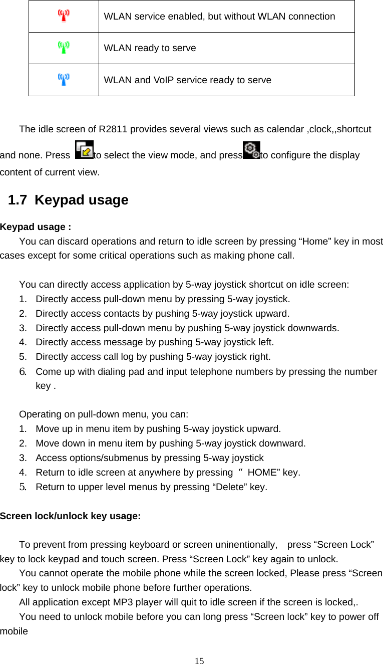 15  WLAN service enabled, but without WLAN connection  WLAN ready to serve  WLAN and VoIP service ready to serve  The idle screen of R2811 provides several views such as calendar ,clock,,shortcut and none. Press  to select the view mode, and press to configure the display content of current view. 1.7 Keypad usage Keypad usage : You can discard operations and return to idle screen by pressing &ldquo;Home&rdquo; key in most cases except for some critical operations such as making phone call.  You can directly access application by 5-way joystick shortcut on idle screen: 1.  Directly access pull-down menu by pressing 5-way joystick.  2.  Directly access contacts by pushing 5-way joystick upward. 3.  Directly access pull-down menu by pushing 5-way joystick downwards. 4.  Directly access message by pushing 5-way joystick left. 5.  Directly access call log by pushing 5-way joystick right. 6.  Come up with dialing pad and input telephone numbers by pressing the number key .  Operating on pull-down menu, you can: 1.  Move up in menu item by pushing 5-way joystick upward. 2.  Move down in menu item by pushing 5-way joystick downward. 3.  Access options/submenus by pressing 5-way joystick 4.  Return to idle screen at anywhere by pressing  &ldquo;HOME&rdquo; key. 5.  Return to upper level menus by pressing &ldquo;Delete&rdquo; key.  Screen lock/unlock key usage:  To prevent from pressing keyboard or screen uninentionally,    press &ldquo;Screen Lock&rdquo; key to lock keypad and touch screen. Press &ldquo;Screen Lock&rdquo; key again to unlock. You cannot operate the mobile phone while the screen locked, Please press &ldquo;Screen lock&rdquo; key to unlock mobile phone before further operations. All application except MP3 player will quit to idle screen if the screen is locked,. You need to unlock mobile before you can long press &ldquo;Screen lock&rdquo; key to power off mobile  