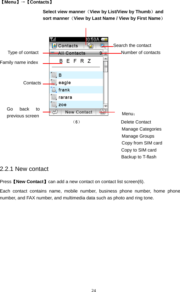  24   【Menu】&rarr;【Contacts】          Menu： （6）                 Delete Contact Manage Categories Manage Groups Copy from SIM card Copy to SIM card Backup to T-flash 2.2.1 New contact Press【New Contact】can add a new contact on contact list screen(6). Each contact contains name, mobile number, business phone number, home phone number, and FAX number, and multimedia data such as photo and ring tone.  Type of contact Search the contact Contacts Select view manner（View by List/View by Thumb）and sort manner（View by Last Name / View by First Name）Number of contacts Family name index Go back to previous screen 