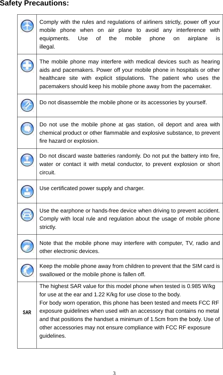  3 Safety Precautions:  Comply with the rules and regulations of airliners strictly, power off your mobile phone when on air plane to avoid any interference with equipments. Use of the mobile phone on airplane is illegal.  The mobile phone may interfere with medical devices such as hearing aids and pacemakers. Power off your mobile phone in hospitals or other healthcare site with explicit stipulations. The patient who uses the pacemakers should keep his mobile phone away from the pacemaker.  Do not disassemble the mobile phone or its accessories by yourself.  Do not use the mobile phone at gas station, oil deport and area with chemical product or other flammable and explosive substance, to prevent fire hazard or explosion.  Do not discard waste batteries randomly. Do not put the battery into fire, water or contact it with metal conductor, to prevent explosion or short circuit.  Use certificated power supply and charger.  Use the earphone or hands-free device when driving to prevent accident. Comply with local rule and regulation about the usage of mobile phone strictly.  Note that the mobile phone may interfere with computer, TV, radio and other electronic devices.  Keep the mobile phone away from children to prevent that the SIM card is swallowed or the mobile phone is fallen off.   SAR The highest SAR value for this model phone when tested is 0.985 W/kg for use at the ear and 1.22 K/kg for use close to the body. For body worn operation, this phone has been tested and meets FCC RF exposure guidelines when used with an accessory that contains no metal and that positions the handset a minimum of 1.5cm from the body. Use of other accessories may not ensure compliance with FCC RF exposure guidelines.   