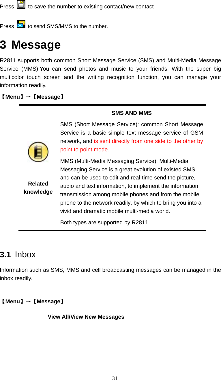  31 Press    to save the number to existing contact/new contact Press   to send SMS/MMS to the number. 3 Message R2811 supports both common Short Message Service (SMS) and Multi-Media Message Service (MMS).You can send photos and music to your friends. With the super big multicolor touch screen and the writing recognition function, you can manage your information readily. 【Menu】&rarr;【Message】   Related knowledge SMS AND MMS SMS (Short Message Service): common Short Message Service is a basic simple text message service of GSM network, and is sent directly from one side to the other by point to point mode.  MMS (Multi-Media Messaging Service): Multi-Media Messaging Service is a great evolution of existed SMS and can be used to edit and real-time send the picture, audio and text information, to implement the information transmission among mobile phones and from the mobile phone to the network readily, by which to bring you into a vivid and dramatic mobile multi-media world.   Both types are supported by R2811.  3.1 Inbox Information such as SMS, MMS and cell broadcasting messages can be managed in the inbox readily.  【Menu】&rarr;【Message】   View All/View New Messages  