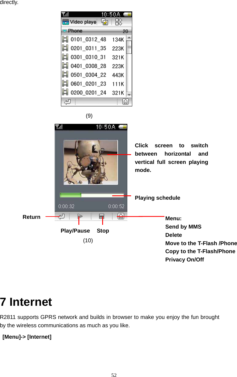  52 directly.           (9)    (10)     7 Internet R2811 supports GPRS network and builds in browser to make you enjoy the fun brought by the wireless communications as much as you like.    [Menu]-> [Internet] Click screen to switch between horizontal and vertical full screen playing mode. Return StopPlay/Pause Menu: Send by MMS Delete Move to the T-Flash /Phone   Copy to the T-Flash/Phone   Privacy On/Off Playing schedule   