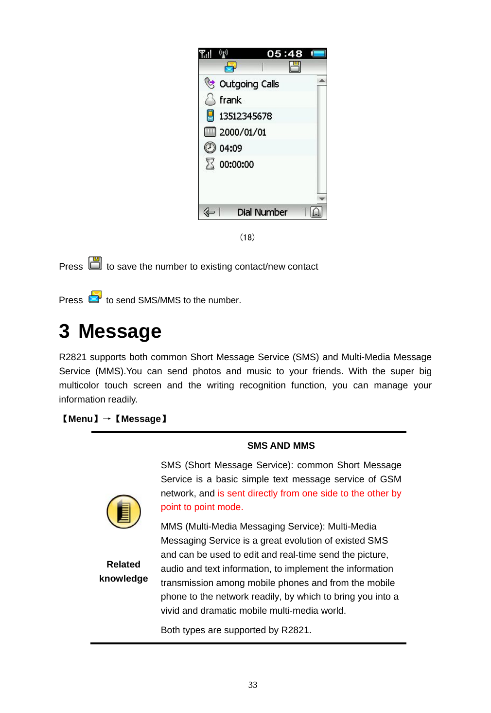  33  (18) Press    to save the number to existing contact/new contact Press   to send SMS/MMS to the number. 3 Message R2821 supports both common Short Message Service (SMS) and Multi-Media Message Service (MMS).You can send photos and music to your friends. With the super big multicolor touch screen and the writing recognition function, you can manage your information readily. 【Menu】&rarr;【Message】   Related knowledge SMS AND MMS SMS (Short Message Service): common Short Message Service is a basic simple text message service of GSM network, and is sent directly from one side to the other by point to point mode.  MMS (Multi-Media Messaging Service): Multi-Media Messaging Service is a great evolution of existed SMS and can be used to edit and real-time send the picture, audio and text information, to implement the information transmission among mobile phones and from the mobile phone to the network readily, by which to bring you into a vivid and dramatic mobile multi-media world.   Both types are supported by R2821.  