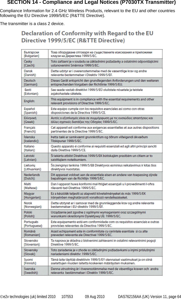 ©e2v technologies (uk) limited 2010  107553  09 Aug 2010  DAS762156AA (UK) Version 11, page 64 SECTION 14 - Compliance and Legal Notices (P7030TX Transmitter) Compliance Information for 2.4 GHz Wireless Products, relevant to the EU and other countries following the EU Directive 1999/5/EC (R&amp;TTE Directive). The transmitter is a class 2 device.  