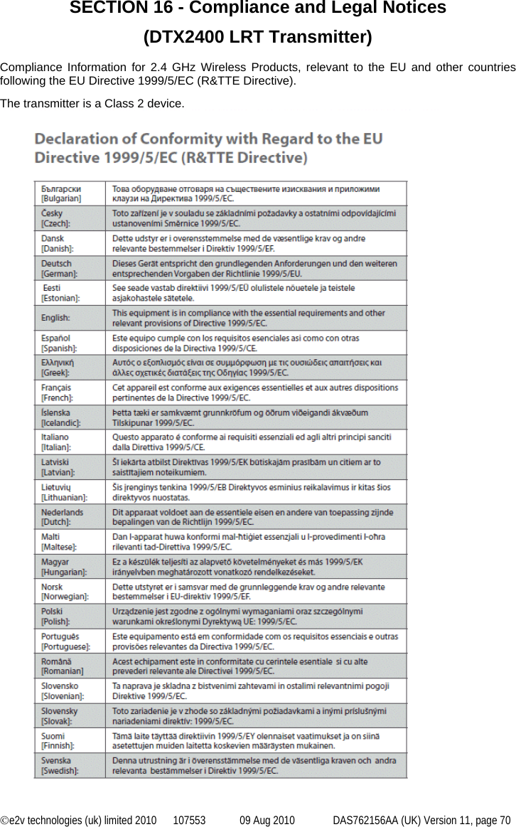 ©e2v technologies (uk) limited 2010  107553  09 Aug 2010  DAS762156AA (UK) Version 11, page 70  SECTION 16 - Compliance and Legal Notices  (DTX2400 LRT Transmitter)  Compliance Information for 2.4 GHz Wireless Products, relevant to the EU and other countries following the EU Directive 1999/5/EC (R&amp;TTE Directive). The transmitter is a Class 2 device. 