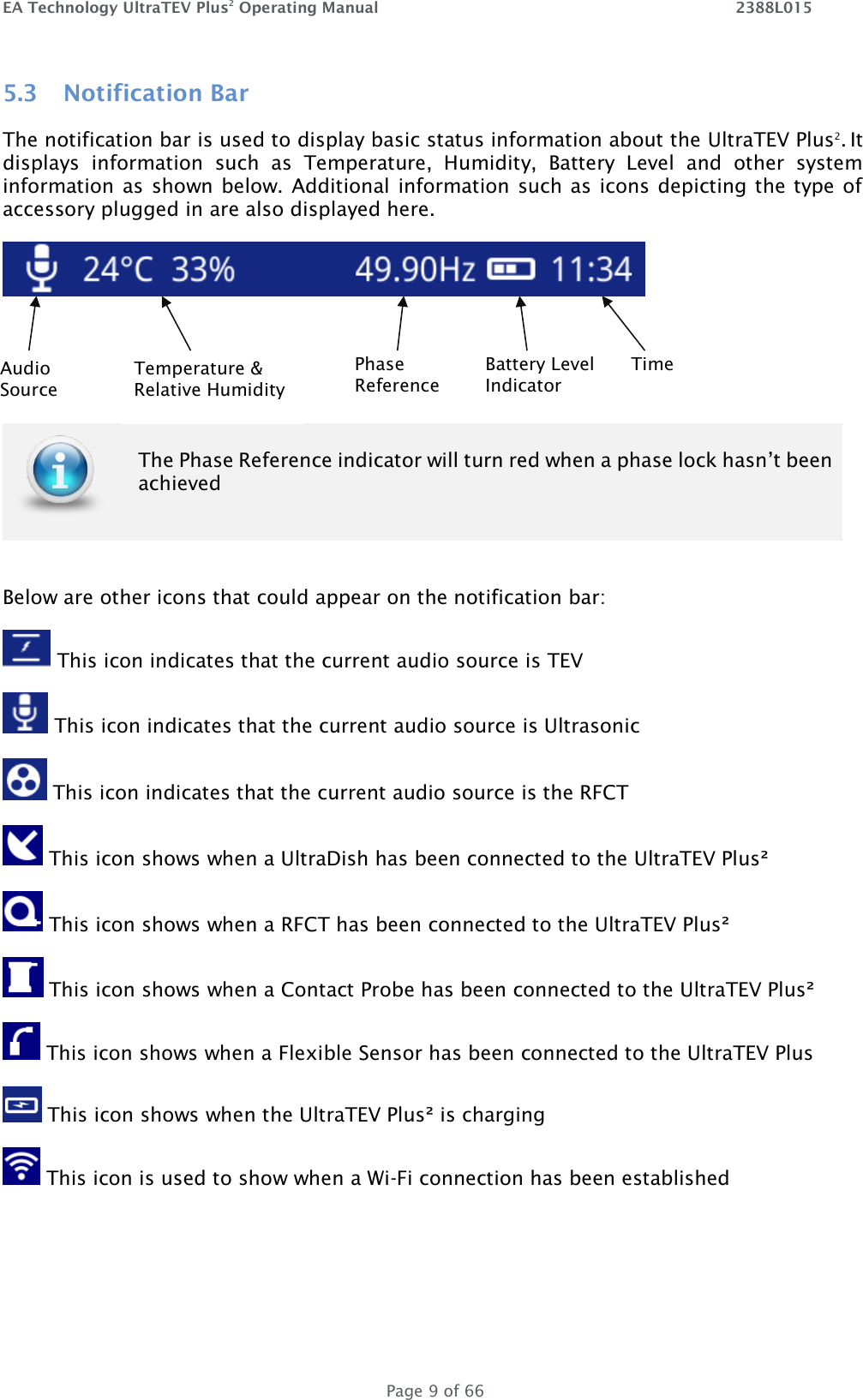 EA Technology UltraTEV Plus2 Operating Manual    2388L015   Page 9 of 66 5.3 Notification Bar The notification bar is used to display basic status information about the UltraTEV Plus2. It displays  information  such  as  Temperature,  Humidity,  Battery  Level  and  other  system information as shown below. Additional information such as icons depicting the type of accessory plugged in are also displayed here.      The Phase Reference indicator will turn red when a phase lock hasn’t been achieved  Below are other icons that could appear on the notification bar:  This icon indicates that the current audio source is TEV  This icon indicates that the current audio source is Ultrasonic  This icon indicates that the current audio source is the RFCT   This icon shows when a UltraDish has been connected to the UltraTEV Plus²  This icon shows when a RFCT has been connected to the UltraTEV Plus²  This icon shows when a Contact Probe has been connected to the UltraTEV Plus²  This icon shows when a Flexible Sensor has been connected to the UltraTEV Plus    This icon shows when the UltraTEV Plus² is charging  This icon is used to show when a Wi-Fi connection has been established     Battery Level Indicator Temperature &amp; Relative Humidity Audio Source Time Phase Reference 