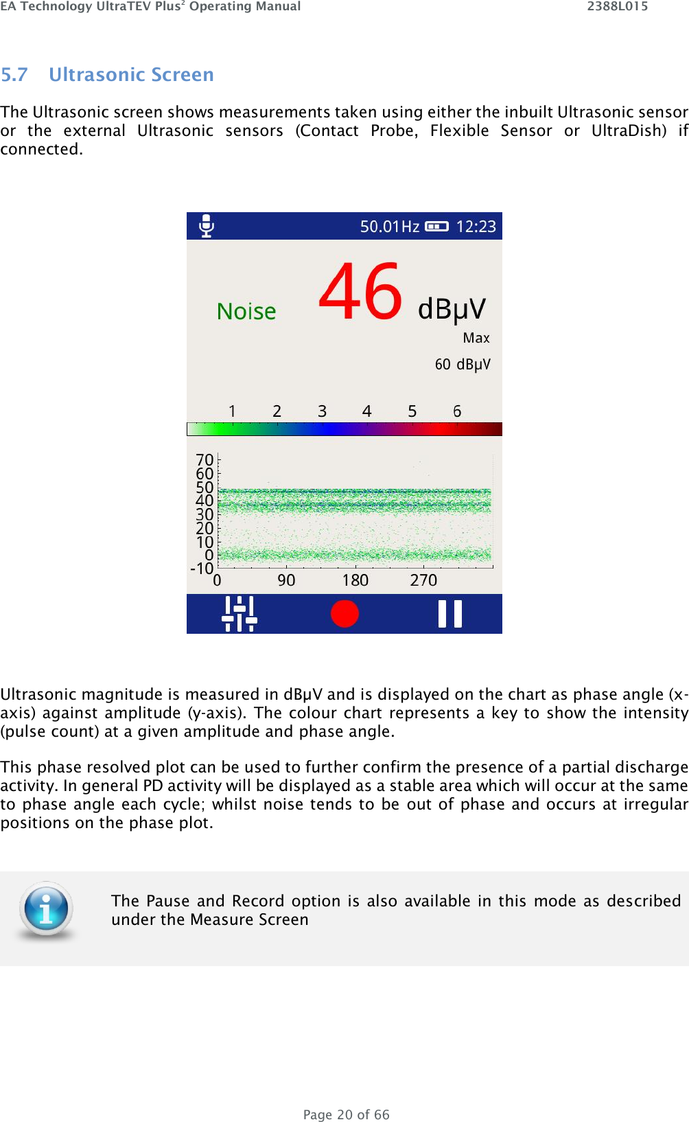 EA Technology UltraTEV Plus2 Operating Manual    2388L015   Page 20 of 66 5.7 Ultrasonic Screen The Ultrasonic screen shows measurements taken using either the inbuilt Ultrasonic sensor or  the  external  Ultrasonic  sensors  (Contact  Probe,  Flexible  Sensor  or  UltraDish)  if connected.     Ultrasonic magnitude is measured in dBµV and is displayed on the chart as phase angle (x-axis) against amplitude (y-axis). The colour chart represents a key to show the intensity (pulse count) at a given amplitude and phase angle.  This phase resolved plot can be used to further confirm the presence of a partial discharge activity. In general PD activity will be displayed as a stable area which will occur at the same to phase angle each cycle; whilst noise tends to be  out of phase and occurs at irregular positions on the phase plot.   The Pause and Record option is  also available in this mode as  described under the Measure Screen  