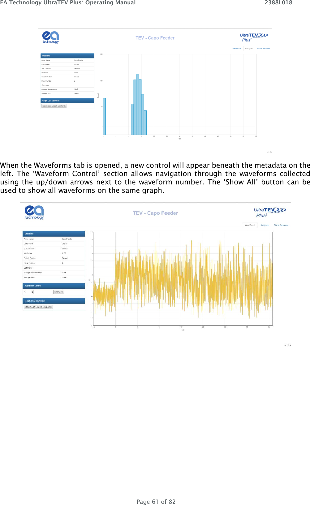 EA Technology UltraTEV Plus2 Operating Manual    2388L018   Page 61 of 82  When the Waveforms tab is opened, a new control will appear beneath the metadata on the left.  The  ‘Waveform Control’  section allows  navigation through the  waveforms  collected using the  up/down arrows next to the waveform number.  The  ‘Show  All’ button  can be used to show all waveforms on the same graph.    