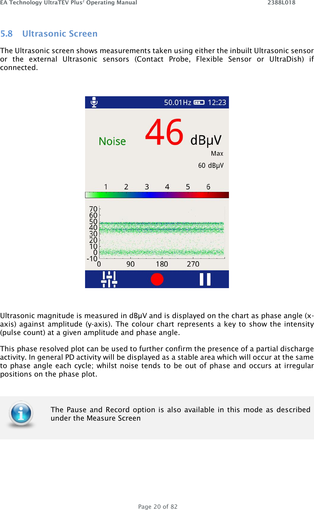 EA Technology UltraTEV Plus2 Operating Manual    2388L018   Page 20 of 82 5.8 Ultrasonic Screen The Ultrasonic screen shows measurements taken using either the inbuilt Ultrasonic sensor or  the  external  Ultrasonic  sensors  (Contact  Probe,  Flexible  Sensor  or  UltraDish)  if connected.     Ultrasonic magnitude is measured in dBµV and is displayed on the chart as phase angle (x-axis) against amplitude (y-axis). The colour chart represents a key to show the intensity (pulse count) at a given amplitude and phase angle.  This phase resolved plot can be used to further confirm the presence of a partial discharge activity. In general PD activity will be displayed as a stable area which will occur at the same to phase angle each cycle; whilst noise tends to be out of phase and occurs at irregular positions on the phase plot.   The Pause and Record option is  also available in this mode as described under the Measure Screen  