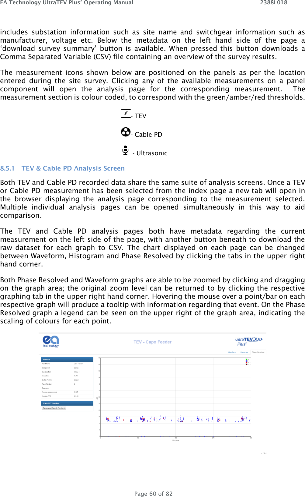 EA Technology UltraTEV Plus2 Operating Manual    2388L018   Page 60 of 82 includes  substation  information  such  as  site  name  and  switchgear  information  such  as manufacturer,  voltage  etc.  Below  the  metadata  on  the  left  hand  side  of  the  page  a ‘download  survey  summary’  button  is  available. When  pressed this  button  downloads  a Comma Separated Variable (CSV) file containing an overview of the survey results.  The  measurement  icons  shown  below  are  positioned  on  the  panels  as  per  the  location entered  during  the  site  survey.  Clicking  any  of  the  available  measurements  on  a  panel component  will  open  the  analysis  page  for  the  corresponding  measurement.  The measurement section is colour coded, to correspond with the green/amber/red thresholds. - TEV - Cable PD    - Ultrasonic 8.5.1 TEV &amp; Cable PD Analysis Screen Both TEV and Cable PD recorded data share the same suite of analysis screens. Once a TEV or Cable PD measurement has been selected from the index page a new tab will open in the  browser  displaying  the  analysis  page  corresponding  to  the  measurement  selected. Multiple  individual  analysis  pages  can  be  opened  simultaneously  in  this  way  to  aid comparison.  The  TEV  and  Cable  PD  analysis  pages  both  have  metadata  regarding  the  current measurement on the left side of the page, with another button beneath to download the raw  dataset  for  each  graph  to  CSV.  The  chart  displayed  on  each  page  can  be  changed between Waveform, Histogram and Phase Resolved by clicking the tabs in the upper right hand corner.  Both Phase Resolved and Waveform graphs are able to be zoomed by clicking and dragging on the graph area; the original zoom level can be returned to by clicking the respective graphing tab in the upper right hand corner. Hovering the mouse over a point/bar on each respective graph will produce a tooltip with information regarding that event. On the Phase Resolved graph a legend can be seen on the upper right of the graph area, indicating the scaling of colours for each point.   