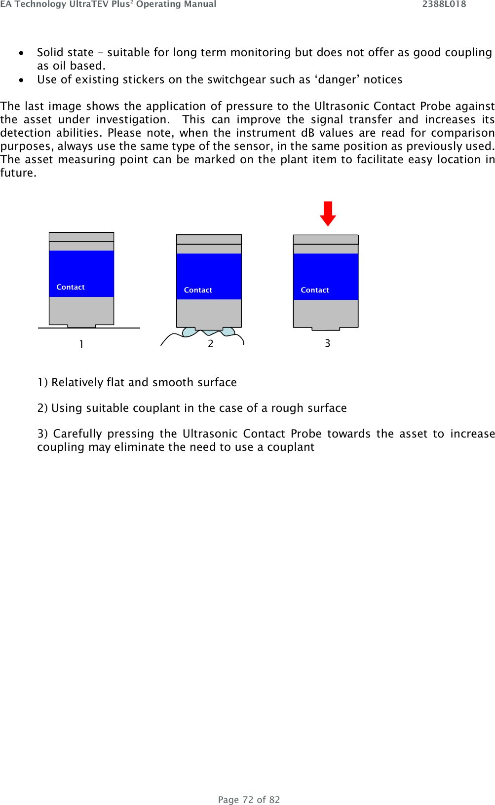 EA Technology UltraTEV Plus2 Operating Manual    2388L018   Page 72 of 82 • Solid state – suitable for long term monitoring but does not offer as good coupling as oil based. • Use of existing stickers on the switchgear such as ‘danger’ notices  The last image shows the application of pressure to the Ultrasonic Contact Probe against the  asset  under  investigation.    This  can  improve  the  signal  transfer  and  increases  its detection abilities.  Please note,  when the instrument  dB  values are read for comparison purposes, always use the same type of the sensor, in the same position as previously used. The asset measuring point can be marked on the plant item to facilitate easy location in future.   1) Relatively flat and smooth surface 2) Using suitable couplant in the case of a rough surface 3)  Carefully  pressing  the  Ultrasonic  Contact  Probe  towards  the  asset  to  increase coupling may eliminate the need to use a couplant    Contact   Contact  1 2  Contact  3 