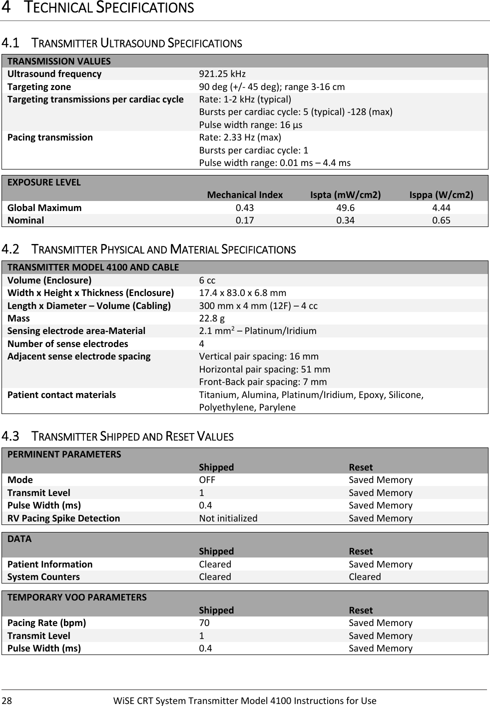 28 WiSECRTSystemTransmitterModel4100InstructionsforUse4 TECHNICALSPECIFICATIONS4.1 TRANSMITTERULTRASOUNDSPECIFICATIONSTRANSMISSIONVALUESUltrasoundfrequency 921.25kHzTargetingzone 90deg(+/‐45deg);range3‐16cmTargetingtransmissionspercardiaccycle Rate:1‐2kHz(typical)Burstspercardiaccycle:5(typical)‐128(max)Pulsewidthrange:16µsPacingtransmission Rate:2.33Hz(max)Burstspercardiaccycle:1Pulsewidthrange:0.01ms–4.4msEXPOSURELEVEL   MechanicalIndex Ispta(mW/cm2) Isppa(W/cm2)GlobalMaximum 0.43 49.6 4.44Nominal 0.17 0.34 0.654.2 TRANSMITTERPHYSICALANDMATERIALSPECIFICATIONSTRANSMITTERMODEL4100ANDCABLEVolume(Enclosure) 6ccWidthxHeightxThickness(Enclosure) 17.4x83.0x6.8mmLengthxDiameter–Volume(Cabling) 300mmx4mm(12F)–4ccMass 22.8gSensingelectrodearea‐Material 2.1mm2–Platinum/IridiumNumberofsenseelectrodes 4Adjacentsenseelectrodespacing Verticalpairspacing:16mmHorizontalpairspacing:51mmFront‐Backpairspacing:7mmPatientcontactmaterials Titanium,Alumina,Platinum/Iridium,Epoxy,Silicone,Polyethylene,Parylene4.3 TRANSMITTERSHIPPEDANDRESETVALUESPERMINENTPARAMETERS Shipped ResetMode OFF SavedMemoryTransmitLevel 1 SavedMemoryPulseWidth(ms) 0.4 SavedMemoryRVPacingSpikeDetection Notinitialized SavedMemoryDATA Shipped ResetPatientInformation Cleared SavedMemorySystemCounters Cleared ClearedTEMPORARYVOOPARAMETERS Shipped ResetPacingRate(bpm) 70 SavedMemoryTransmitLevel 1 SavedMemoryPulseWidth(ms) 0.4 SavedMemory