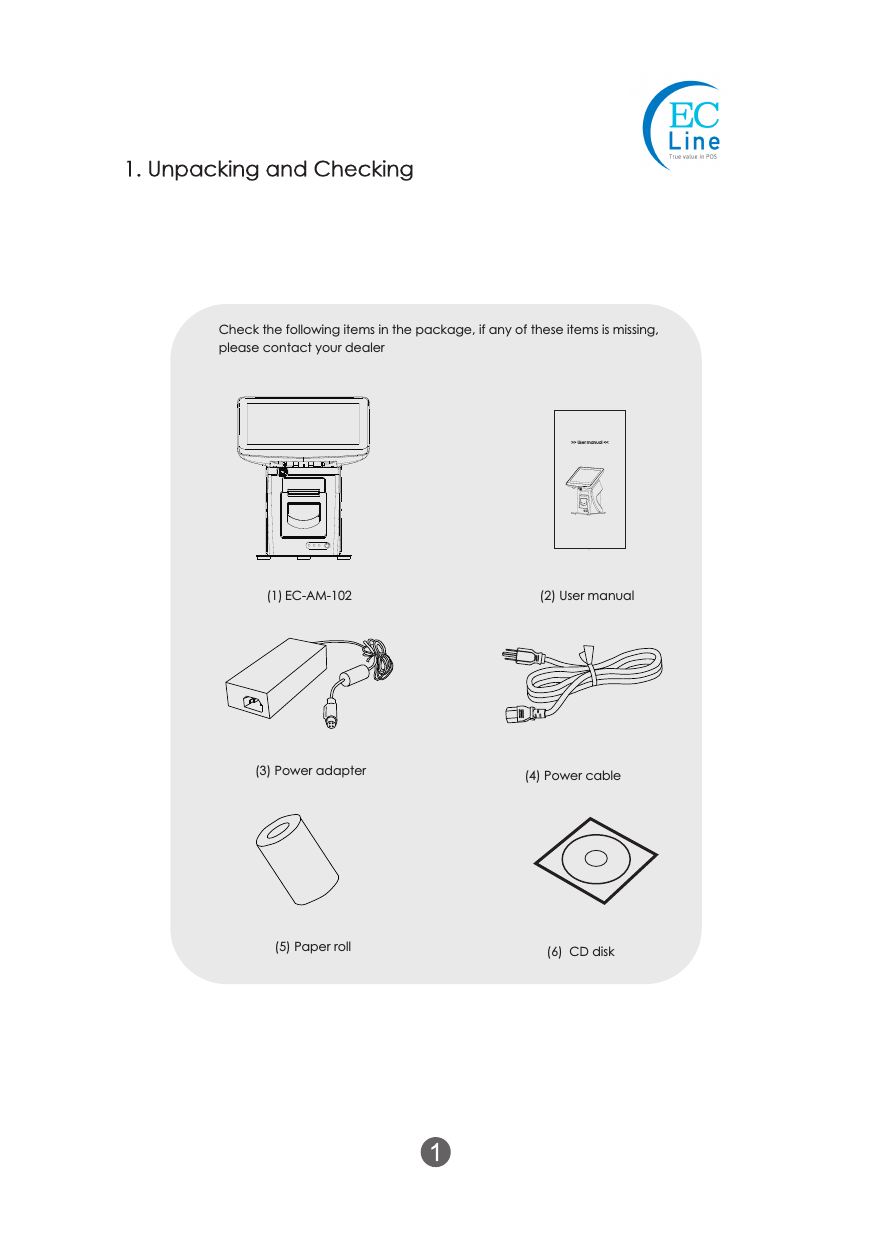(1) EC-AM-102 (2) User manual(3) Power adapter (4) Power cable(5) Paper roll (6) CD diskCheck the following items in the package, if any of these items is missing, please contact your dealer>> User manual <<1. Unpacking and Checking