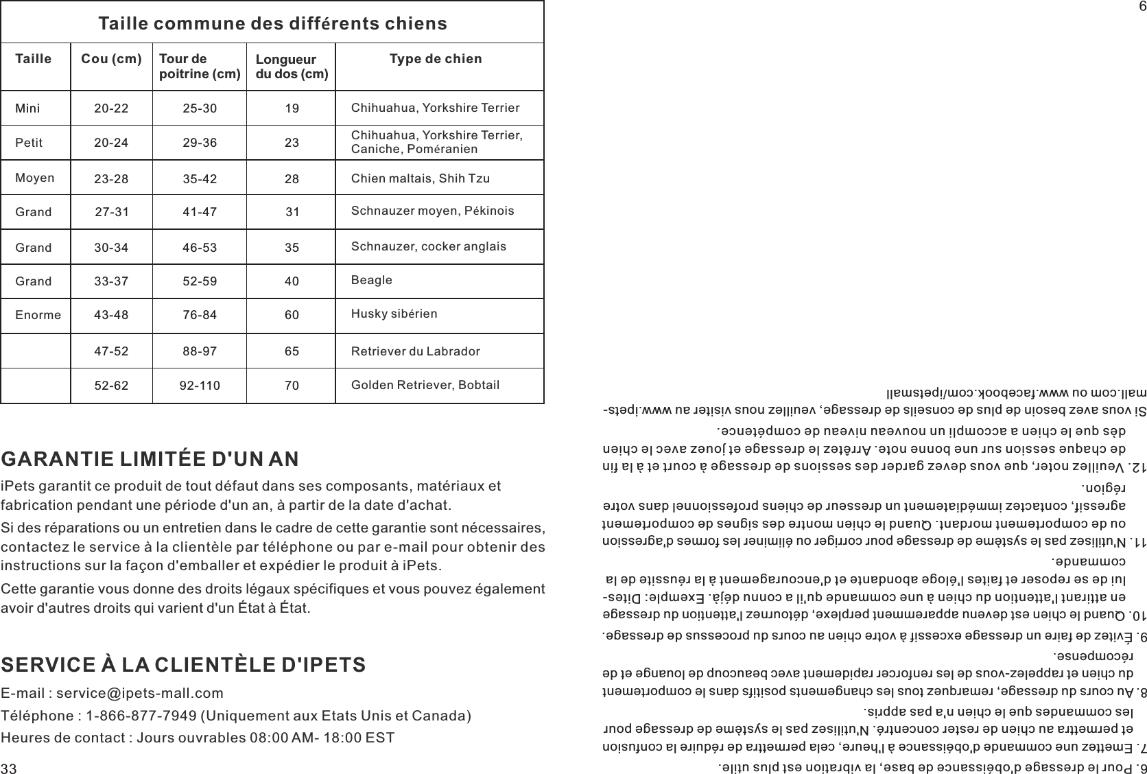 33GARANTIE LIMITÉE D&apos;UN ANiPets garantit ce produit de tout défaut dans ses composants, matériaux etfabrication pendant une période d&apos;un an, à partir de la date d&apos;achat.Si des réparations ou un entretien dans le cadre de cette garantie sont nécessaires, contactez le service à la clientèle par téléphone ou par e-mail pour obtenir des instructions sur la façon d&apos;emballer et expédier le produit à iPets.Cette garantie vous donne des droits légaux spécifiques et vous pouvez également avoir d&apos;autres droits qui varient d&apos;un État à État.SERVICE À LA CLIENTÈLE D&apos;IPETSE-mail : service@ipets-mall.comTéléphone : 1-866-877-7949 (Uniquement aux Etats Unis et Canada)Heures de contact : Jours ouvrables 08:00 AM- 18:00 ESTTaille commune des différents chiensTaille Cou (cm) Tour de poitrine (cm) Longueur du dos (cm)Type de chienMini             20-22                    25-30                      19        Chihuahua, Yorkshire TerrierPetit 20-24                    29-36                23          Chihuahua, Yorkshire Terrier, Caniche, PoméranienMoyen 23-28                35-42                   28           Chien maltais, Shih TzuGrand 27-31              41-47                    31          Schnauzer moyen, PékinoisGrand 30-34             46-53                 35               Schnauzer, cocker anglaisGrand 33-37              52-59                40               Beagle                 47-52               88-97               65               Retriever du Labrador                 52-62              92-110                 70             Golden Retriever, BobtailEnorme  43-48                 76-84                  60              Husky sibérien6. Pour le dressage d&apos;obéissance de base, la vibration est plus utile.7. Emettez une commande d&apos;obéissance à l&apos;heure, cela permettra de réduire la confusion     et permettra au chien de rester concentré. N&apos;utilisez pas le système de dressage pour     les commandes que le chien n&apos;a pas appris.8. Au cours du dressage, remarquez tous les changements positifs dans le     du chien et rappelez-vous de les renforcer rapidement avec beaucoup de louange et de     récompense.comportement 9. Évitez de faire un dressage excessif à votre chien au cours du processus de dressage.10. Quand le chien est devenu apparemment perplexe, détournez l&apos;attention du dressage       en attirant l&apos;attention du chien à une commande qu&apos;il a connu déjà. Exemple: Dites-      lui de se reposer et faites l&apos;éloge abondante et d&apos;encouragement à la réussite de la       commande.11. N&apos;utilisez pas le système de dressage pour corriger ou éliminer les formes d&apos;agression       ou de comportement mordant. Quand le chien montre des signes de comportement       agressif, contactez immédiatement un dresseur de chiens professionnel dans votre       région.12. Veuillez noter, que vous devez garder des sessions de dressage à court et à la fin       de chaque session sur une bonne note. Arrêtez le dressage et jouez avec le chien       dès que le chien a accompli un nouveau niveau de compétence.Si vous avez besoin de plus de conseils de dressage, veuillez nous visiter au www.ipets- mall.com ou www.facebook.com/ipetsmall9