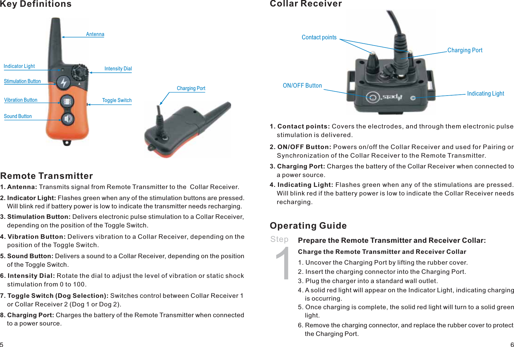 Key DefinitionsRemote Transmitter1. Antenna: Transmits signal from Remote Transmitter to the  Collar Receiver.2. Indicator Light: Flashes green when any of the stimulation buttons     Will blink red if battery power is low to indicate the transmitter needs recharging.  are pressed. 6. Intensity Dial: Rotate the dial to adjust the level of vibration or static shock     stimulation from 0 to 100. 7. Toggle Switch (Dog Selection): Switches control between Collar Receiver 1     or Collar Receiver 2 (Dog 1 or Dog 2).  4. Vibration Button: Delivers vibration to a Collar Receiver, depending on the     position of the Toggle Switch.3. Stimulation Button: Delivers electronic pulse stimulation to a Collar Receiver,     depending on the position of the Toggle Switch.5. Sound Button: Delivers a sound to a Collar Receiver, depending on the position     of the Toggle Switch.8. Charging Port: Charges the battery of the Remote Transmitter when connected     to a power source.Collar Receiver2. ON/OFF Button: Powers on/off the Collar Receiver and used for Pairing or     Synchronization of the Collar Receiver to the Remote Transmitter. 1. Contact points: Covers the electrodes, and through them electronic     stimulation is delivered.  pulse 3. Charging Port: Charges the battery of the Collar Receiver when connected to     a power source. 4. Indicating Light: Flashes green when any of the stimulations are pressed.     Will blink red if the battery power is low to indicate the Collar Receiver needs     recharging. Operating GuidePrepare the Remote Transmitter and Receiver Collar:Charge the Remote Transmitter and Receiver Collar 1. Uncover the Charging Port by lifting the rubber cover.2. Insert the charging connector into the Charging Port.3. Plug the charger into a standard wall outlet. 4. A solid red light will appear on the Indicator Light, indicating charging     is occurring. 5. Once charging is complete, the solid red light will turn to a solid green     light.6. Remove the charging connector, and replace the rubber cover to protect     the Charging Port. Step 156AntennaIndicator LightToggle SwitchCharging PortStimulation ButtonVibration ButtonSound ButtonIntensity DialContact pointsON/OFF ButtonIndicating LightCharging Port