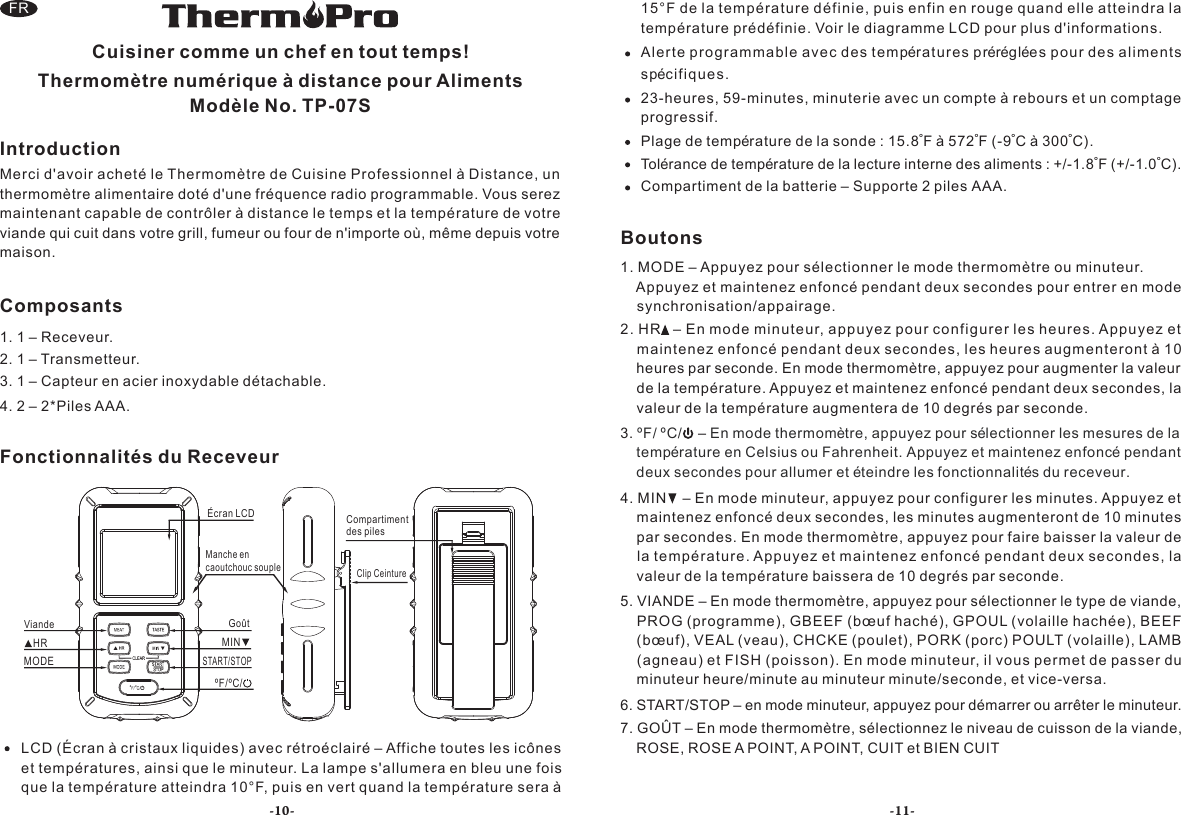 Page 6 of ECARE ELECTRONICS TP07S Digital Multifunction Oven Thermometer User Manual Thermopro EN FR TP 07S                  20161228