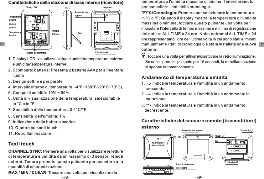 Caratteristiche della stazione di base interna (ricevitore)Display LCDTemperaturaesternaUmiditàesternaTemperaturainterna2* batteria AAAPulsanti a quattro tastiParete del foro appesoUmiditàinternaLATOStare Magnete1. Display LCD: visualizza l&apos;attuale umidità/temperatura esterne     e umidità/temperatura interne2. Scomparto batteria: Presenta 2 batterie AAA per alimentare     l&apos;unità3. Design sottile e per parete4. Intervallo interno di temperatura: -4°F~158°F(-20°C~70°C).5. Campo di umidità: 10% ~ 99%.6. Unità di visualizzazione della temperatura: selezionabile     in °C e in °F7. Sensibilità della temperatura: 0.1°C/°F8. Sensibilità  dell&apos;umidità: 1%9. Indicazione della batteria scarica10. Quattro pulsanti touch11. RetroilluminazioneTasti touchCHANNEL/SYNC: Premere una volta per visualizzare le letture di temperatura e umidità da un massimo di 3 sensori remoti esterni; Tenere premuto questo pulsante per accedere alla modalità di sincronizzazione. MAX / MIN / CLEAR: Toccare una volta per visualizzare la temperatura o l&apos;umidità massima o minima; Tenere premuto per cancellare i dati della cronologia.°F/°C/Cronologia: Premere per selezionare la temperatura in ºC o ºF; Quando il display mostra la temperatura o l&apos;umidità massima o minima, toccare questo pulsante una volta per impostare l&apos;intervallo di tempo massimo e minimo di registrazione dei dati tra ALL TIME o 24 ore. Nota: entrambi ALL TIME e 24 ore rappresentano l&apos;ora dell&apos;ultima volta in cui sono stati eliminati manualmente i dati di cronologia o è stata installata una nuova batteria. :Toccare una volta per attivare/disattivare la retroilluminazione. Se non si preme il pulsante per 15 secondi, la retroilluminazione si spegne automaticamente.Andamento di temperatura e umidità1.       indica la temperatura e l&apos;umidità in un andamento     crescente.2.       indica la temperatura e l&apos;umidità in un andamento in     mutazione. 3.       indica la temperatura e l&apos;umidità in un andamento     decrescente.Channel 1, 2, 3TXParete del foro appesoTX LED RESET 2* batteria AAAPorta di rivelazionedel sensoreCaratteristiche del sensore remoto (trasmettitore) esternoIT IT-38- -39-