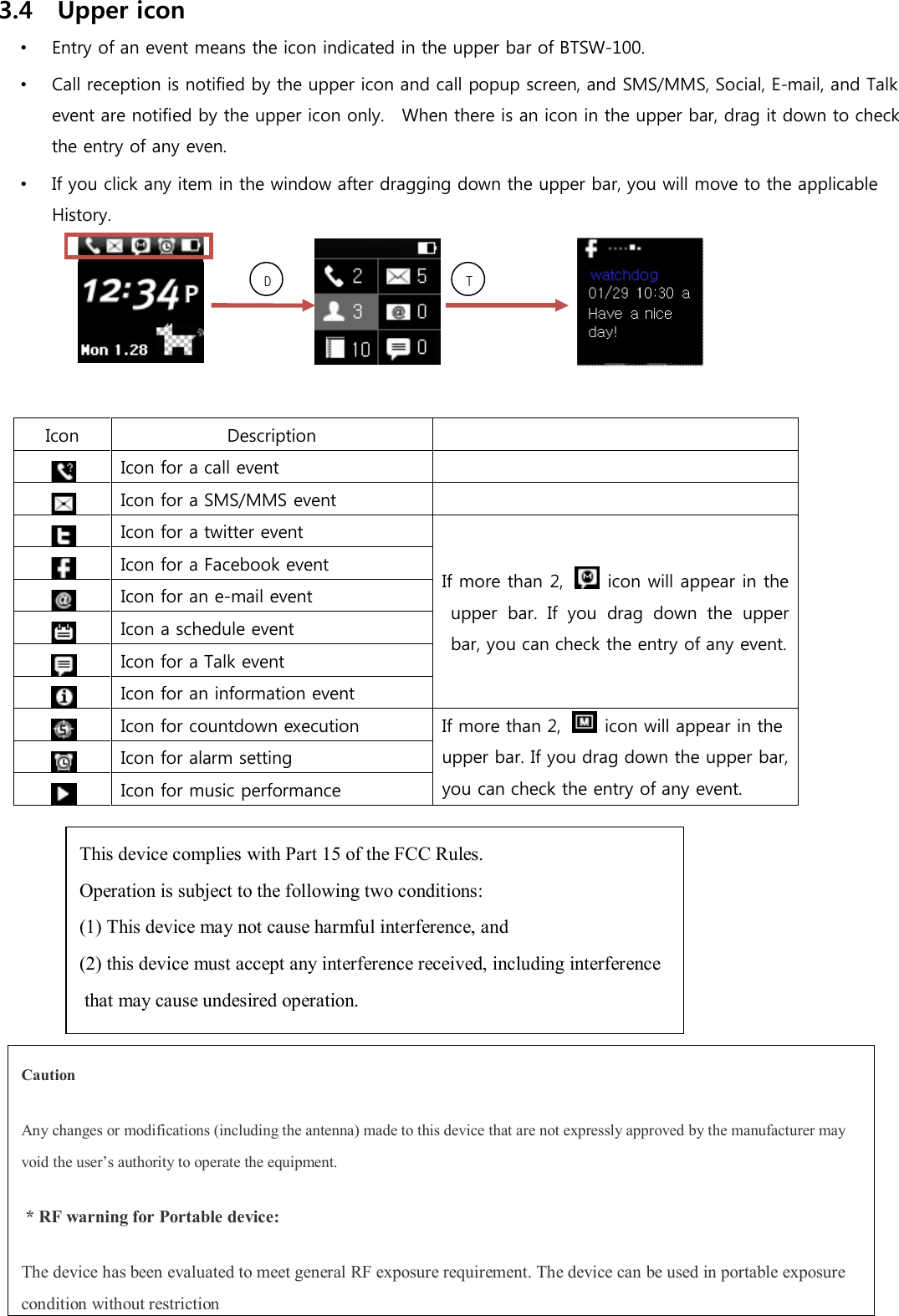 3.4    Upper icon •  Entry of an event means the icon indicated in the upper bar of BTSW-100. •  Call reception is notified by the upper icon and call popup screen, and SMS/MMS, Social, E-mail, and Talk event are notified by the upper icon only.    When there is an icon in the upper bar, drag it down to check the entry of any even. •  If you click any item in the window after dragging down the upper bar, you will move to the applicable History.                                                                                                  Icon  Description    Icon for a call event    Icon for a SMS/MMS event    Icon for a twitter event   If more than 2,    icon will appear in the upper  bar.  If  you  drag  down  the  upper bar, you can check the entry of any event.  Icon for a Facebook event  Icon for an e-mail event  Icon a schedule event  Icon for a Talk event  Icon for an information event  Icon for countdown execution  If more than 2,    icon will appear in the upper bar. If you drag down the upper bar, you can check the entry of any event.  Icon for alarm setting  Icon for music performance     TDThis device complies with Part 15 of the FCC Rules.   Operation is subject to the following two conditions:   (1) This device may not cause harmful interference, and   (2) this device must accept any interference received, including interference  that may cause undesired operation.  Caution   Any changes or modifications (including the antenna) made to this device that are not expressly approved by the manufacturer may void the user’s authority to operate the equipment.    * RF warning for Portable device: The device has been evaluated to meet general RF exposure requirement. The device can be used in portable exposure condition without restriction 