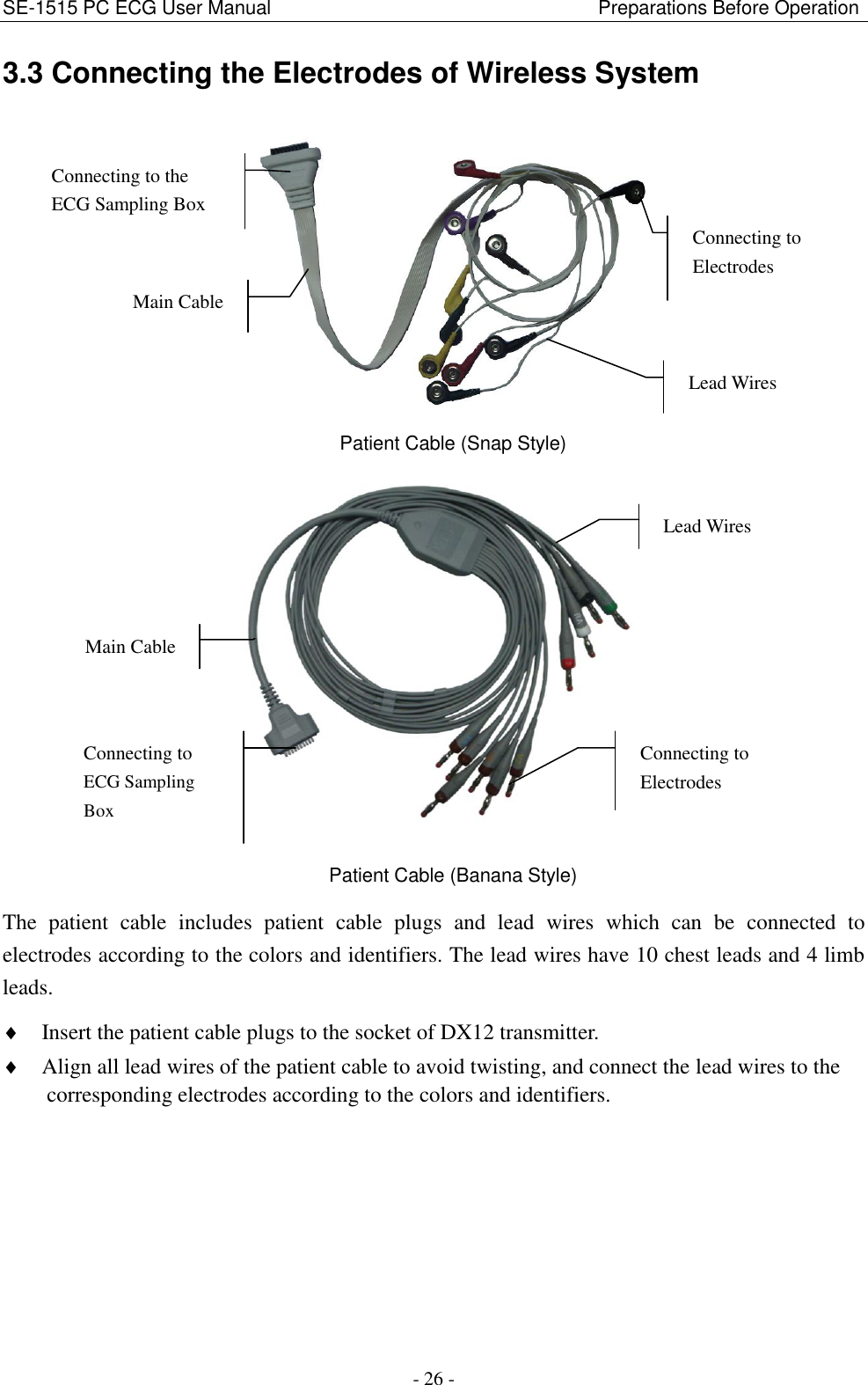 SE-1515 PC ECG User Manual                                                                    Preparations Before Operation - 26 - 3.3 Connecting the Electrodes of Wireless System  Patient Cable (Snap Style)  Patient Cable (Banana Style) The  patient  cable  includes  patient  cable  plugs  and  lead  wires  which  can  be  connected  to electrodes according to the colors and identifiers. The lead wires have 10 chest leads and 4 limb leads.  Insert the patient cable plugs to the socket of DX12 transmitter.  Align all lead wires of the patient cable to avoid twisting, and connect the lead wires to the corresponding electrodes according to the colors and identifiers.   Connecting to Electrodes  Lead Wires Connecting to ECG Sampling Box  Main Cable  Main Cable  Lead Wires  Connecting to the ECG Sampling Box  Connecting to Electrodes  