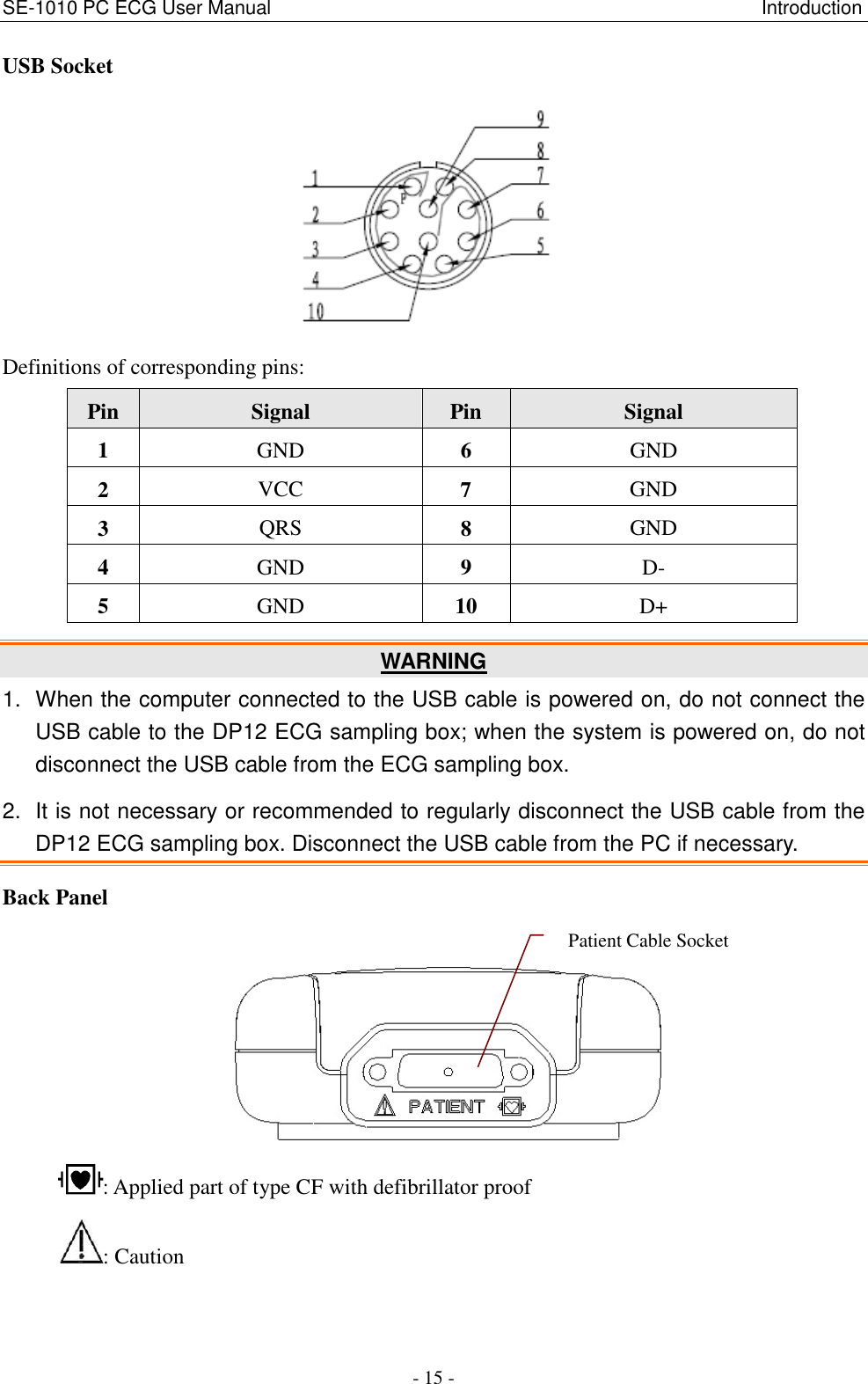 SE-1010 PC ECG User Manual                                                                                                      Introduction - 15 - USB Socket  Definitions of corresponding pins: Pin  Signal  Pin  Signal 1  GND  6  GND 2  VCC  7  GND 3  QRS  8  GND 4  GND  9  D- 5  GND  10  D+  WARNING 1.  When the computer connected to the USB cable is powered on, do not connect the USB cable to the DP12 ECG sampling box; when the system is powered on, do not disconnect the USB cable from the ECG sampling box. 2.  It is not necessary or recommended to regularly disconnect the USB cable from the DP12 ECG sampling box. Disconnect the USB cable from the PC if necessary. Back Panel  : Applied part of type CF with defibrillator proof : Caution     Patient Cable Socket 