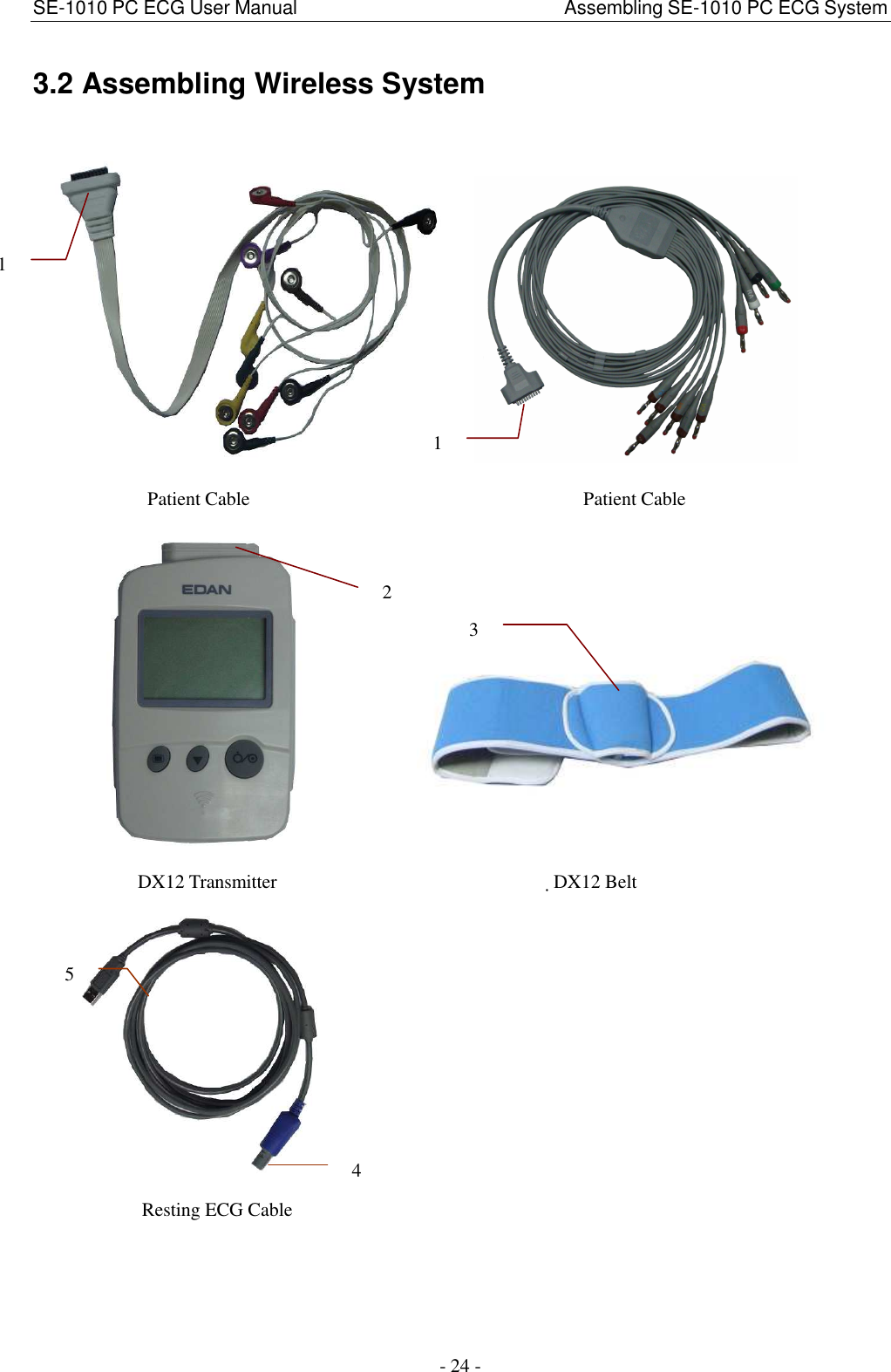 SE-1010 PC ECG User Manual                                                        Assembling SE-1010 PC ECG System - 24 - 3.2 Assembling Wireless System          Patient Cable                                                                      Patient Cable                    DX12 Transmitter                             DX12 Belt                Resting ECG Cable 1 2 3 5 4 1 