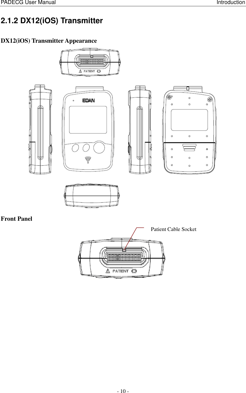 PADECG User Manual                                                                                                                      Introduction - 10 - 2.1.2 DX12(iOS) Transmitter DX12(iOS) Transmitter Appearance                Front Panel  Patient Cable Socket 