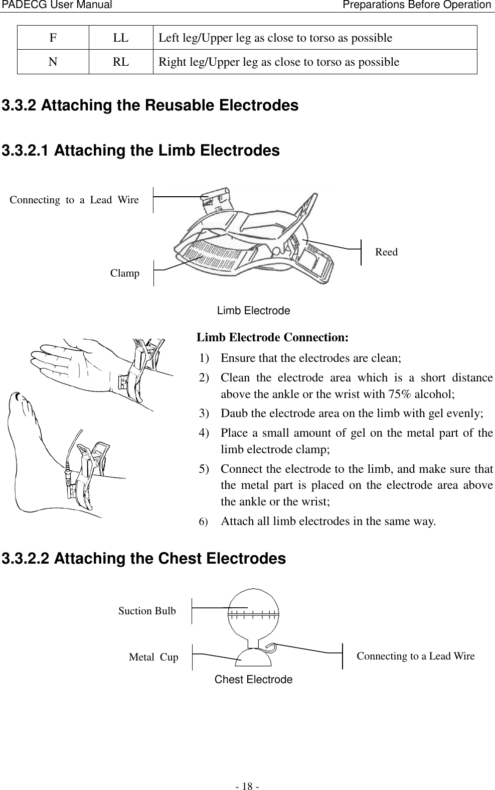 PADECG User Manual                                                                         Preparations Before Operation - 18 - F LL Left leg/Upper leg as close to torso as possible N RL Right leg/Upper leg as close to torso as possible 3.3.2 Attaching the Reusable Electrodes 3.3.2.1 Attaching the Limb Electrodes  Limb Electrode        Limb Electrode Connection: 1) Ensure that the electrodes are clean; 2) Clean  the  electrode  area  which  is  a  short  distance above the ankle or the wrist with 75% alcohol; 3) Daub the electrode area on the limb with gel evenly; 4) Place a small amount of gel on the metal part of the limb electrode clamp; 5) Connect the electrode to the limb, and make sure that the metal part is placed on the electrode area above the ankle or the wrist; 6) Attach all limb electrodes in the same way. 3.3.2.2 Attaching the Chest Electrodes  Chest Electrode Reed Connecting  to  a  Lead  Wire Clamp Suction Bulb Connecting to a Lead Wire Metal  Cup 
