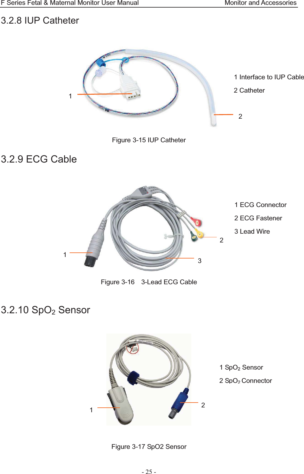 F Series Fetal &amp; Maternal Monitor User Manual                          Monitor and Accessories - 25 - 3.2.8 IUP Catheter   Figure 3-15 IUP Catheter 3.2.9 ECG Cable   Figure 3-16    3-Lead ECG Cable  3.2.10 SpO2 Sensor    Figure 3-17 SpO2 Sensor 12  1 Interface to IUP Cable 2 Catheter 1 ECG Connector   2 ECG Fastener 3 Lead Wire 1 SpO2 Sensor 2 SpO2Connector1  2 1 2 3  