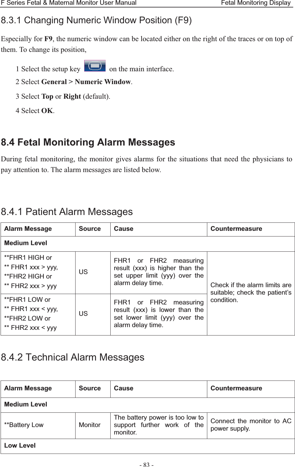 F Series Fetal &amp; Maternal Monitor User Manual                          Fetal Monitoring Display - 83 - 8.3.1 Changing Numeric Window Position (F9) Especially for F9, the numeric window can be located either on the right of the traces or on top of them. To change its position, 1 Select the setup key    on the main interface. 2 Select General &gt; Numeric Window. 3 Select Top or Right (default). 4 Select OK.  8.4 Fetal Monitoring Alarm Messages During fetal monitoring, the monitor gives alarms for the situations that need the physicians to pay attention to. The alarm messages are listed below.   8.4.1 Patient Alarm Messages Alarm Message  Source  Cause  Countermeasure Medium Level **FHR1 HIGH or ** FHR1 xxx &gt; yyy, **FHR2 HIGH or ** FHR2 xxx &gt; yyy US FHR1 or FHR2 measuring result (xxx) is higher than the set upper limit (yyy) over the alarm delay time.  Check if the alarm limits are suitable; check the patient’s condition. **FHR1 LOW or   ** FHR1 xxx &lt; yyy, **FHR2 LOW or ** FHR2 xxx &lt; yyy US FHR1 or FHR2 measuring result (xxx) is lower than the set lower limit (yyy) over the alarm delay time.  8.4.2 Technical Alarm Messages  Alarm Message  Source  Cause  Countermeasure Medium Level **Battery Low  Monitor The battery power is too low to support further work of the monitor. Connect the monitor to AC power supply. Low Level 