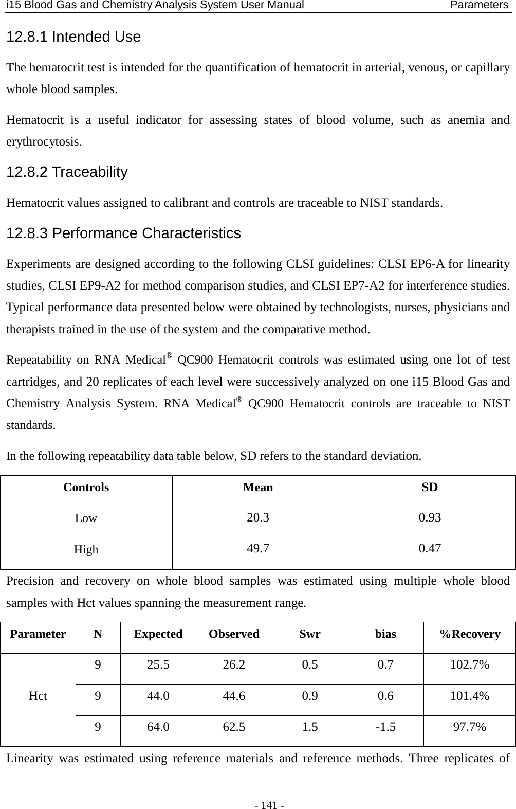 i15 Blood Gas and Chemistry Analysis System User Manual                            Parameters - 141 - 12.8.1 Intended Use The hematocrit test is intended for the quantification of hematocrit in arterial, venous, or capillary whole blood samples. Hematocrit is a useful indicator for assessing states of blood  volume, such as anemia and erythrocytosis. 12.8.2 Traceability Hematocrit values assigned to calibrant and controls are traceable to NIST standards. 12.8.3 Performance Characteristics Experiments are designed according to the following CLSI guidelines: CLSI EP6-A for linearity studies, CLSI EP9-A2 for method comparison studies, and CLSI EP7-A2 for interference studies. Typical performance data presented below were obtained by technologists, nurses, physicians and therapists trained in the use of the system and the comparative method. Repeatability on RNA Medical® QC900  Hematocrit  controls  was estimated using one lot  of test cartridges, and 20 replicates of each level were successively analyzed on one i15 Blood Gas and Chemistry Analysis System. RNA Medical® QC900  Hematocrit  controls  are traceable to NIST standards. In the following repeatability data table below, SD refers to the standard deviation. Controls  Mean SD Low 20.3  0.93 High 49.7  0.47 Precision and recovery on whole blood samples was estimated using multiple whole blood samples with Hct values spanning the measurement range. Parameter  N  Expected  Observed Swr bias %Recovery Hct 9  25.5  26.2  0.5  0.7  102.7% 9  44.0  44.6  0.9  0.6  101.4% 9  64.0  62.5  1.5  -1.5  97.7% Linearity was estimated using reference materials and reference methods. Three replicates of 