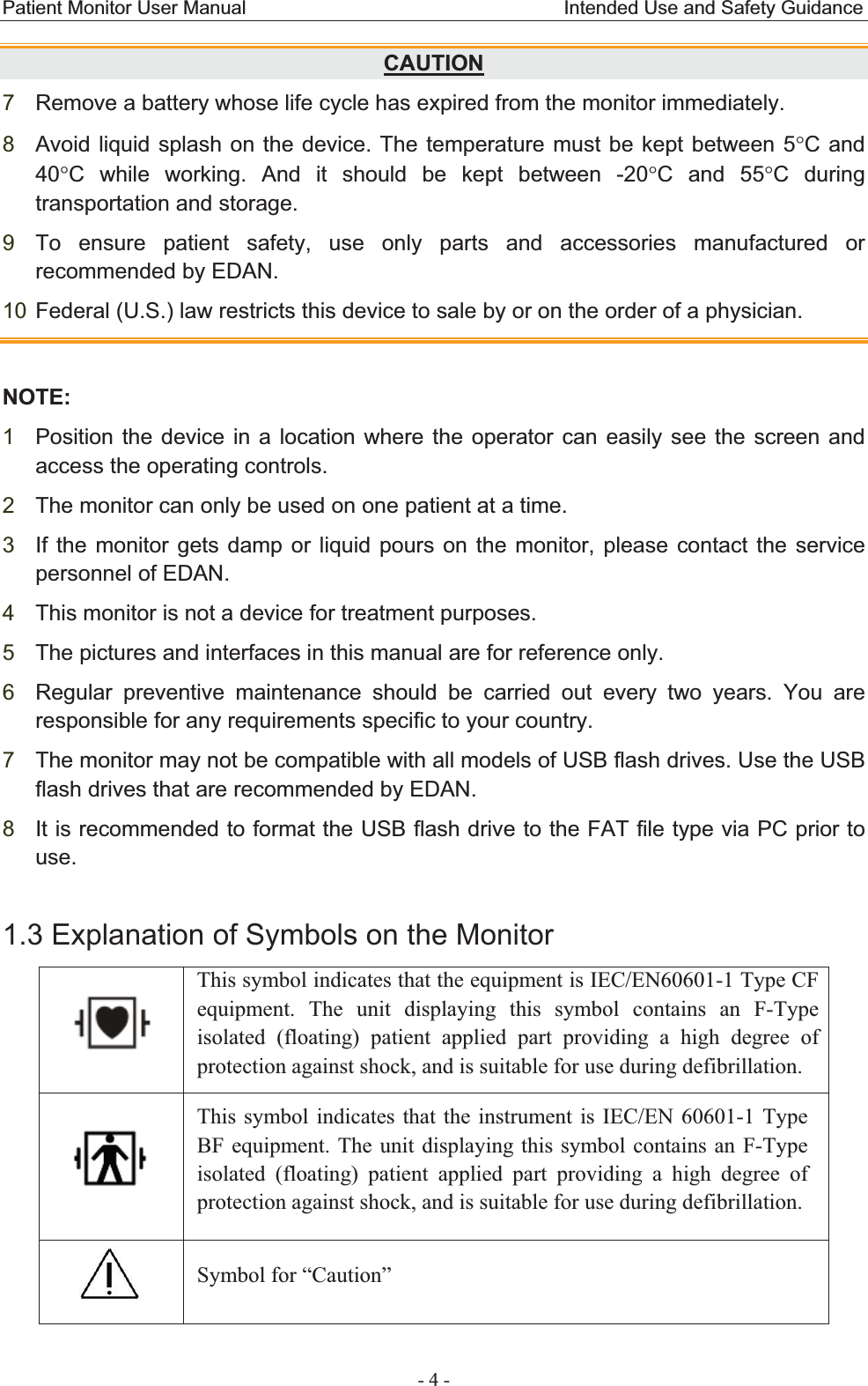 Patient Monitor User Manual                                 Intended Use and Safety Guidance  - 4 - CAUTION7Remove a battery whose life cycle has expired from the monitor immediately. 8Avoid liquid splash on the device. The temperature must be kept between 5qC and 40qC while working. And it should be kept between -20qC and 55qC during transportation and storage. 9To ensure patient safety, use only parts and accessories manufactured or recommended by EDAN. 10 Federal (U.S.) law restricts this device to sale by or on the order of a physician. NOTE:1Position the device in a location where the operator can easily see the screen and access the operating controls. 2The monitor can only be used on one patient at a time.   3If the monitor gets damp or liquid pours on the monitor, please contact the service personnel of EDAN. 4This monitor is not a device for treatment purposes. 5The pictures and interfaces in this manual are for reference only. 6Regular preventive maintenance should be carried out every two years. You are responsible for any requirements specific to your country. 7The monitor may not be compatible with all models of USB flash drives. Use the USB flash drives that are recommended by EDAN. 8It is recommended to format the USB flash drive to the FAT file type via PC prior to use.1.3 Explanation of Symbols on the Monitor This symbol indicates that the equipment is IEC/EN60601-1 Type CF equipment. The unit displaying this symbol contains an F-Type isolated (floating) patient applied part providing a high degree of protection against shock, and is suitable for use during defibrillation.  This symbol indicates that the instrument is IEC/EN 60601-1 Type BF equipment. The unit displaying this symbol contains an F-Type isolated (floating) patient applied part providing a high degree of protection against shock, and is suitable for use during defibrillation.  Symbol for “Caution” 