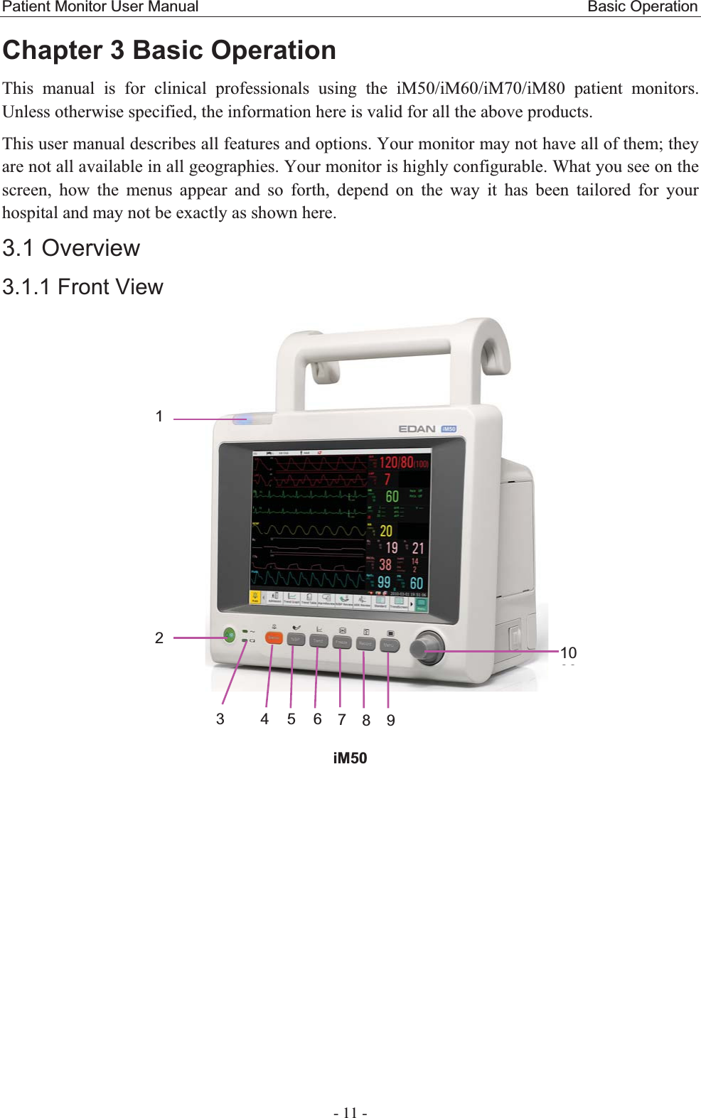 Patient Monitor User Manual                                                  Basic Operation  - 11 - Chapter 3 Basic Operation This manual is for clinical professionals using the iM50/iM60/iM70/iM80 patient monitors. Unless otherwise specified, the information here is valid for all the above products.   This user manual describes all features and options. Your monitor may not have all of them; they are not all available in all geographies. Your monitor is highly configurable. What you see on the screen, how the menus appear and so forth, depend on the way it has been tailored for your hospital and may not be exactly as shown here. 3.1 Overview 3.1.1 Front View  iM50123 4 5 6 7891000