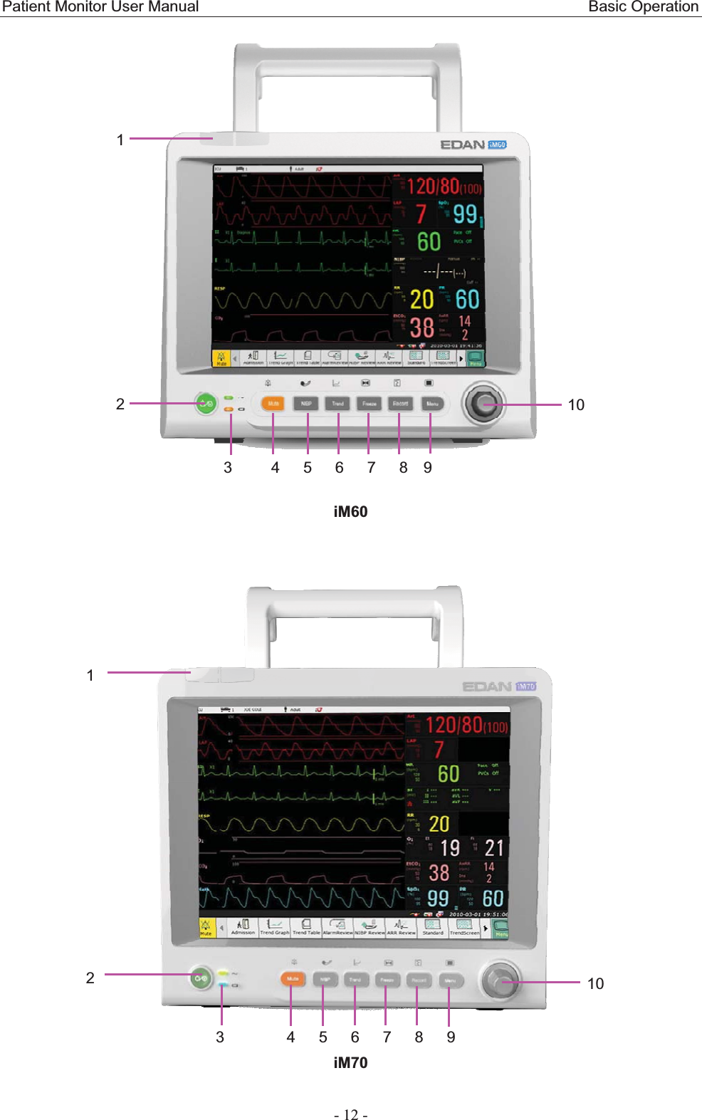 Patient Monitor User Manual                                                  Basic Operation  - 12 - iM60iM70123     4   5   6   7   8  9 1012103        4   5   6   7   8   9