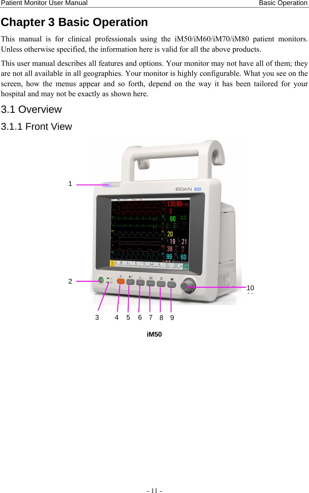 Patient Monitor User Manual                                                  Basic Operation  - 11 - Chapter 3 Basic Operation This manual is for clinical professionals using the iM50/iM60/iM70/iM80 patient monitors. Unless otherwise specified, the information here is valid for all the above products.   This user manual describes all features and options. Your monitor may not have all of them; they are not all available in all geographies. Your monitor is highly configurable. What you see on the screen, how the menus appear and so forth, depend on the way it has been tailored for your hospital and may not be exactly as shown here. 3.1 Overview 3.1.1 Front View  iM50 1 2 3 4 5 6 7891000