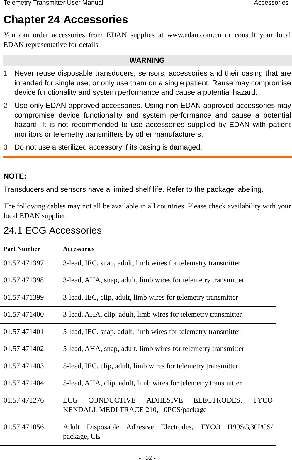 Telemetry Transmitter User Manual                                               Accessories Chapter 24 Accessories   You can order accessories from EDAN supplies at www.edan.com.cn or consult your local EDAN representative for details.   WARNING 1  Never reuse disposable transducers, sensors, accessories and their casing that are intended for single use; or only use them on a single patient. Reuse may compromise device functionality and system performance and cause a potential hazard. 2  Use only EDAN-approved accessories. Using non-EDAN-approved accessories may compromise device functionality and system performance and cause a potential hazard. It is not recommended to use accessories supplied by EDAN with patient monitors or telemetry transmitters by other manufacturers. 3  Do not use a sterilized accessory if its casing is damaged.  NOTE: Transducers and sensors have a limited shelf life. Refer to the package labeling. The following cables may not all be available in all countries. Please check availability with your local EDAN supplier. 24.1 ECG Accessories Part Number Accessories 01.57.471397  3-lead, IEC, snap, adult, limb wires for telemetry transmitter 01.57.471398  3-lead, AHA, snap, adult, limb wires for telemetry transmitter 01.57.471399  3-lead, IEC, clip, adult, limb wires for telemetry transmitter 01.57.471400  3-lead, AHA, clip, adult, limb wires for telemetry transmitter 01.57.471401  5-lead, IEC, snap, adult, limb wires for telemetry transmitter 01.57.471402  5-lead, AHA, snap, adult, limb wires for telemetry transmitter 01.57.471403  5-lead, IEC, clip, adult, limb wires for telemetry transmitter 01.57.471404  5-lead, AHA, clip, adult, limb wires for telemetry transmitter 01.57.471276 ECG CONDUCTIVE ADHESIVE ELECTRODES, TYCO KENDALL MEDI TRACE 210, 10PCS/package 01.57.471056  Adult Disposable Adhesive Electrodes, TYCO H99SG,30PCS/ package, CE - 102 - 