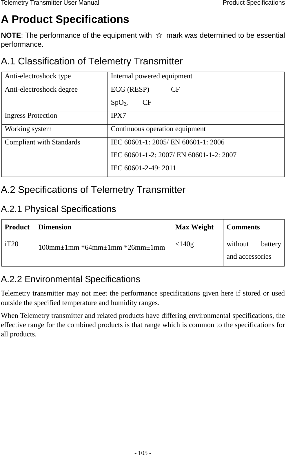 Telemetry Transmitter User Manual                                       Product Specifications   A Product Specifications NOTE: The performance of the equipment with  ☆ mark was determined to be essential performance. A.1 Classification of Telemetry Transmitter Anti-electroshock type Internal powered equipment Anti-electroshock degree ECG (RESP)      CF SpO2,    CF Ingress Protection IPX7 Working system Continuous operation equipment Compliant with Standards IEC 60601-1: 2005/ EN 60601-1: 2006 IEC 60601-1-2: 2007/ EN 60601-1-2: 2007 IEC 60601-2-49: 2011 A.2 Specifications of Telemetry Transmitter A.2.1 Physical Specifications Product Dimension Max Weight Comments iT20 100mm±1mm *64mm±1mm *26mm±1mm &lt;140g without  battery and accessories A.2.2 Environmental Specifications   Telemetry transmitter may not meet the performance specifications given here if stored or used outside the specified temperature and humidity ranges.   When Telemetry transmitter and related products have differing environmental specifications, the effective range for the combined products is that range which is common to the specifications for all products.   - 105 - 