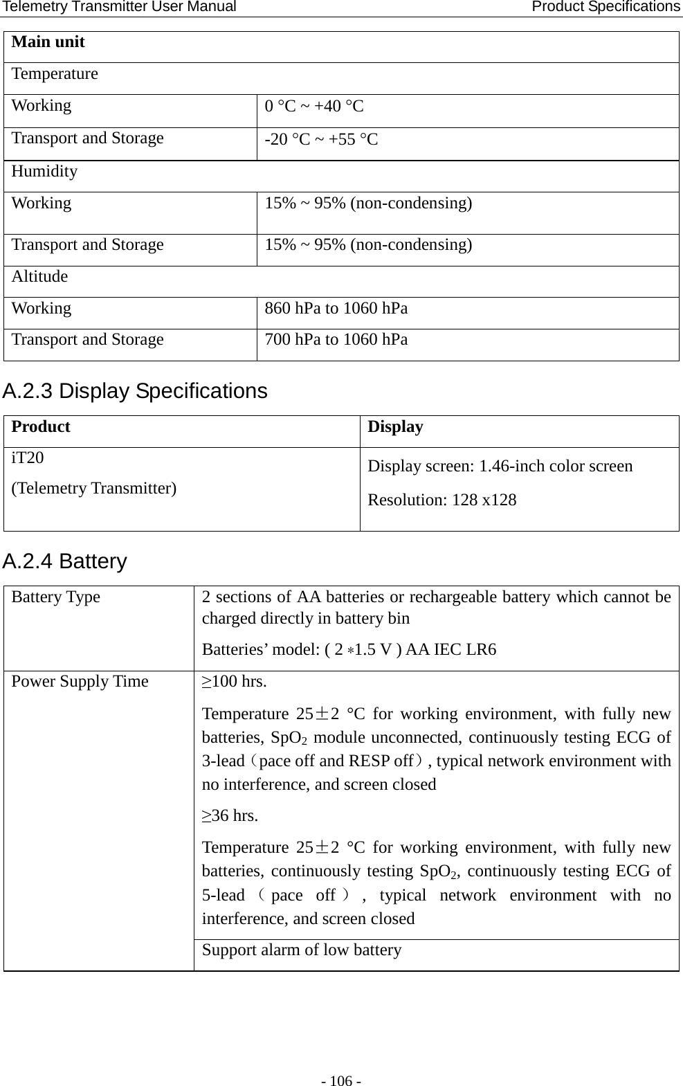 Telemetry Transmitter User Manual                                       Product Specifications   Main unit Temperature Working 0 °C ~ +40 °C Transport and Storage -20 °C ~ +55 °C Humidity Working 15% ~ 95% (non-condensing) Transport and Storage 15% ~ 95% (non-condensing) Altitude Working 860 hPa to 1060 hPa Transport and Storage 700 hPa to 1060 hPa A.2.3 Display Specifications Product Display iT20 (Telemetry Transmitter) Display screen: 1.46-inch color screen Resolution: 128 x128 A.2.4 Battery Battery Type 2 sections of AA batteries or rechargeable battery which cannot be charged directly in battery bin Batteries’ model: ( 2 *1.5 V ) AA IEC LR6 Power Supply Time ≥100 hrs.   Temperature  25±2  °C  for working environment, with fully new batteries, SpO2 module unconnected, continuously testing ECG of 3-lead（pace off and RESP off）, typical network environment with no interference, and screen closed ≥36 hrs.   Temperature  25±2  °C  for working environment,  with  fully new batteries, continuously testing SpO2, continuously testing ECG of 5-lead （pace off ）,  typical network environment with no interference, and screen closed Support alarm of low battery   - 106 - 