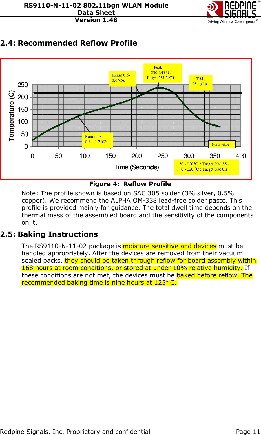   Redpine Signals, Inc. Proprietary and confidential  Page 11 RS9110-N-11-02 802.11bgn WLAN Module Data Sheet Version 1.48 2.4: Recommended Reflow Profile   Figure 4:  Reflow Profile Note: The profile shown is based on SAC 305 solder (3% silver, 0.5% copper). We recommend the ALPHA OM-338 lead-free solder paste. This profile is provided mainly for guidance. The total dwell time depends on the thermal mass of the assembled board and the sensitivity of the components on it.  2.5: Baking Instructions The RS9110-N-11-02 package is moisture sensitive and devices must be handled appropriately. After the devices are removed from their vacuum sealed packs, they should be taken through reflow for board assembly within 168 hours at room conditions, or stored at under 10% relative humidity. If these conditions are not met, the devices must be baked before reflow. The recommended baking time is nine hours at 125° C.  