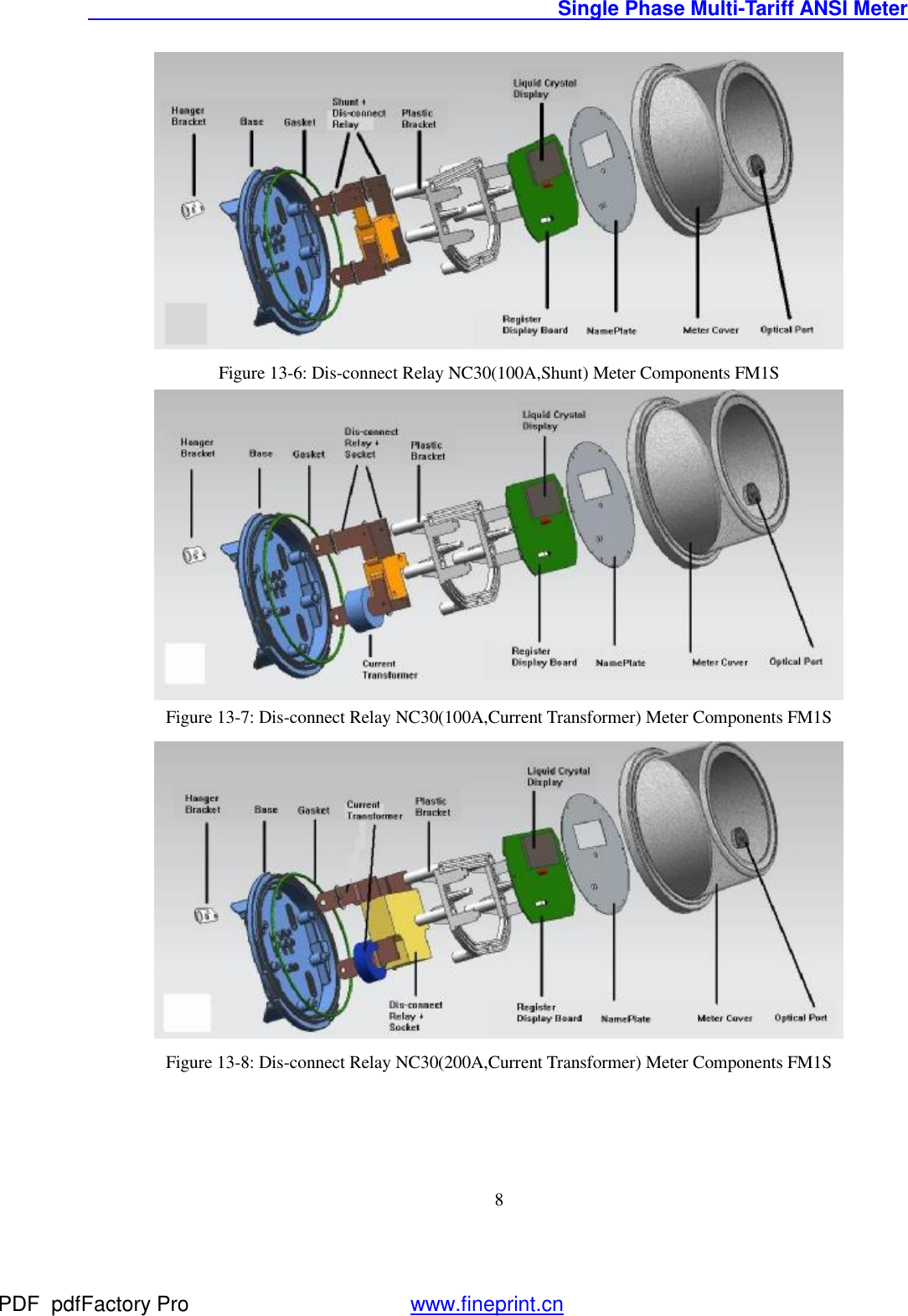                                               Single Phase Multi-Tariff ANSI Meter    8 Figure 13-6: Dis-connect Relay NC30(100A,Shunt) Meter Components FM1S  Figure 13-7: Dis-connect Relay NC30(100A,Current Transformer) Meter Components FM1S  Figure 13-8: Dis-connect Relay NC30(200A,Current Transformer) Meter Components FM1S PDF      pdfFactory Pro         www.fineprint.cn