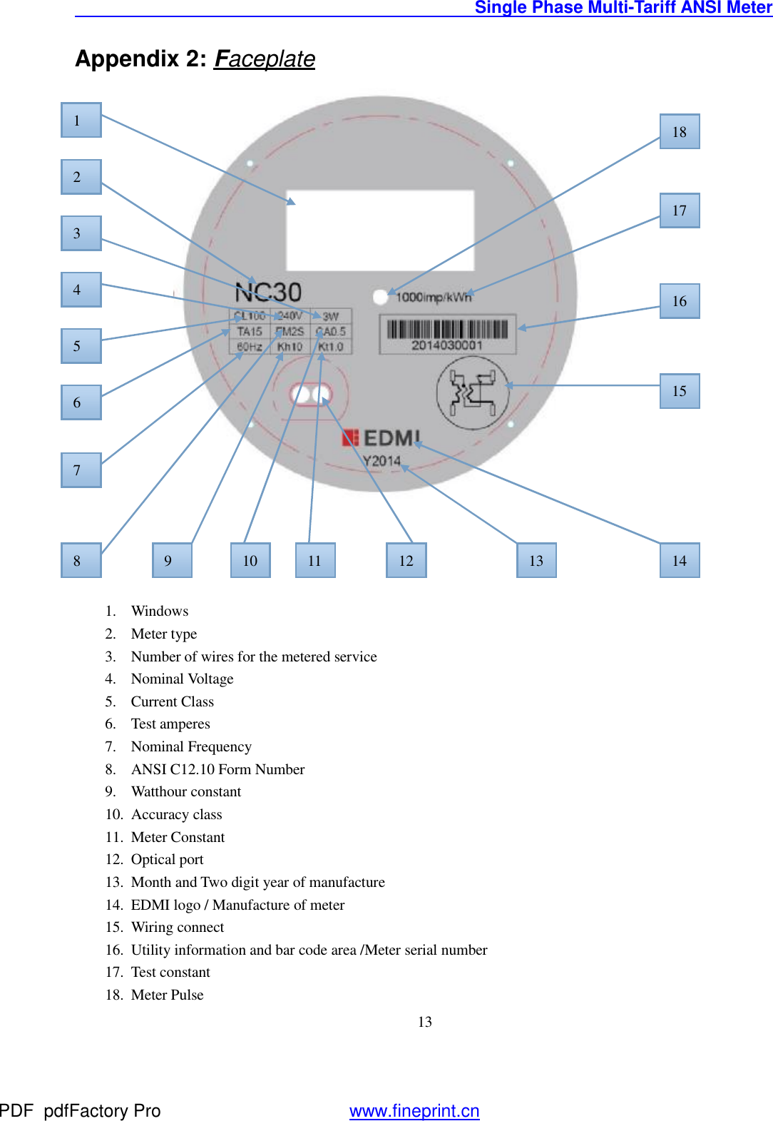                                               Single Phase Multi-Tariff ANSI Meter    13Appendix 2: Faceplate                                                                                                                                                                        1. Windows 2. Meter type 3. Number of wires for the metered service 4. Nominal Voltage 5. Current Class 6. Test amperes 7. Nominal Frequency 8. ANSI C12.10 Form Number 9. Watthour constant 10. Accuracy class 11. Meter Constant 12. Optical port 13. Month and Two digit year of manufacture 14. EDMI logo / Manufacture of meter 15. Wiring connect 16. Utility information and bar code area /Meter serial number 17. Test constant 18. Meter Pulse 1 2 3 4 5 8 6 7 18 17 16 15 14 11 13 12 10 9 PDF      pdfFactory Pro         www.fineprint.cn