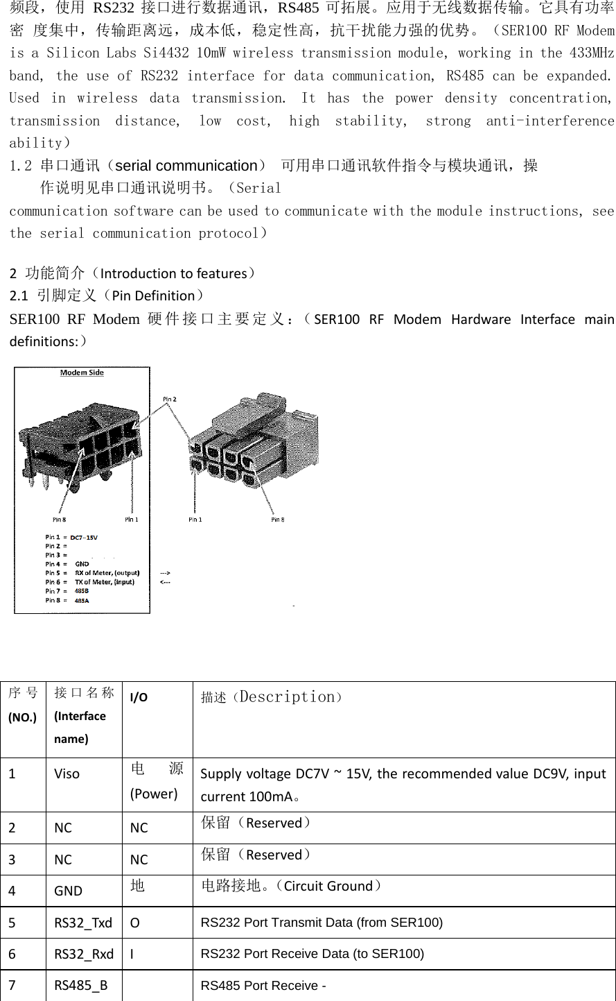 频段，使用 RS232 接口进行数据通讯，RS485 可拓展。应用于无线数据传输。它具有功率密 度集中，传输距离远，成本低，稳定性高，抗干扰能力强的优势。（SER100 RF Modem is a Silicon Labs Si4432 10mW wireless transmission module, working in the 433MHz band, the use of RS232 interface for data communication, RS485 can be expanded. Used  in  wireless  data  transmission.  It  has  the  power  density  concentration, transmission  distance,  low  cost,  high  stability,  strong  anti-interference ability） 1.2 串口通讯（serial communication） 可用串口通讯软件指令与模块通讯，操作说明见串口通讯说明书。（Serial communication software can be used to communicate with the module instructions, see the serial communication protocol） 2功能简介（Introductiontofeatures） 2.1引脚定义（PinDefinition） SER100 RF Modem 硬件接口主要定义：（SER100RFModemHardwareInterfacemaindefinitions:）  序号  (NO.)接 口名称 (Interfacename)I/O描述（Description） 1Viso电  源 (Power)SupplyvoltageDC7V~15V,therecommendedvalueDC9V,inputcurrent100mA。 2NCNC保留（Reserved） 3NCNC保留（Reserved） 4GND地  电路接地。（CircuitGround） 5RS32_TxdORS232 Port Transmit Data (from SER100) 6RS32_RxdIRS232 Port Receive Data (to SER100) 7RS485_BRS485 Port Receive - 