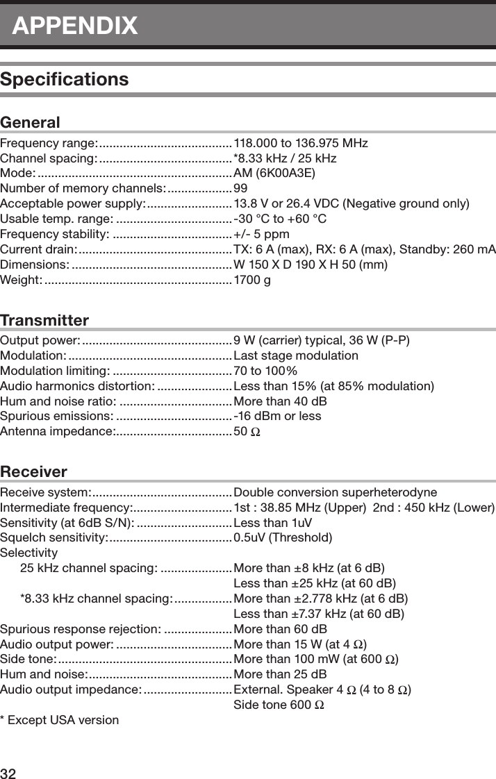 32APPENDIXSpeciﬁcationsGeneralFrequency range: ....................................... 118.000 to 136.975 MHz Channel spacing: .......................................*8.33 kHz / 25 kHzMode: ......................................................... AM (6K00A3E)Number of memory channels: ...................99Acceptable power supply: .........................13.8 V or 26.4 VDC (Negative ground only)Usable temp. range: ..................................-30 °C to +60 °CFrequency stability: ...................................+/- 5 ppmCurrent drain: .............................................TX: 6 A (max), RX: 6 A (max), Standby: 260 mADimensions: ............................................... W 150 X D 190 X H 50 (mm)Weight: ....................................................... 1700 gTransmitterOutput power: ............................................9 W (carrier) typical, 36 W (P-P)Modulation: ................................................ Last stage modulationModulation limiting: ................................... 70 to 100%Audio harmonics distortion: ...................... Less than 15% (at 85% modulation)Hum and noise ratio: .................................More than 40 dBSpurious emissions: ..................................-16 dBm or lessAntenna impedance: ..................................50 ΩReceiverReceive system: .........................................Double conversion superheterodyneIntermediate frequency: .............................1st : 38.85 MHz (Upper)  2nd : 450 kHz (Lower)Sensitivity (at 6dB S/N): ............................Less than 1uVSquelch sensitivity: ....................................0.5uV (Threshold)Selectivity  25 kHz channel spacing: .....................More than ±8 kHz (at 6 dB) Less than ±25 kHz (at 60 dB)  *8.33 kHz channel spacing: ................. More than ±2.778 kHz (at 6 dB) Less than ±7.37 kHz (at 60 dB)Spurious response rejection: ....................More than 60 dBAudio output power: ..................................More than 15 W (at 4 Ω)Side tone: ...................................................More than 100 mW (at 600 Ω)Hum and noise: ..........................................More than 25 dBAudio output impedance: ..........................External. Speaker 4 Ω (4 to 8 Ω) Side tone 600 Ω* Except USA version