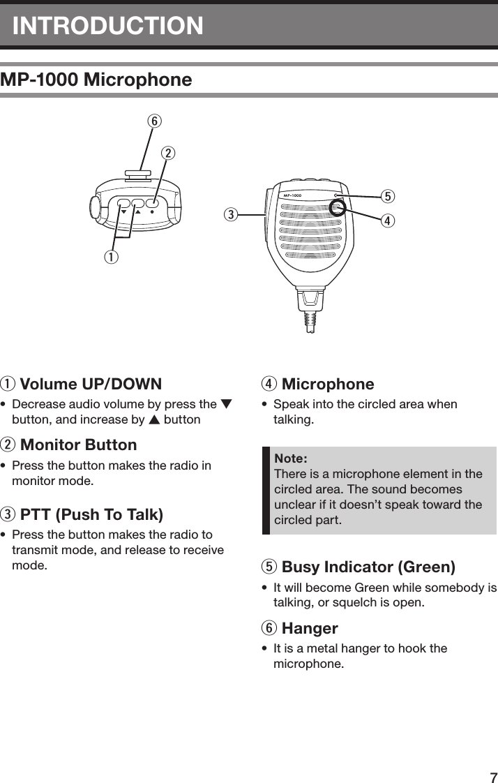 7INTRODUCTIONMP-1000 Microphone=;@B.:q Volume UP/DOWN•  Decrease audio volume by press the v button, and increase by c buttonw Monitor Button •  Press the button makes the radio in monitor mode.e PTT (Push To Talk)•  Press the button makes the radio to transmit mode, and release to receive mode.r Microphone•  Speak into the circled area when talking.Note:There is a microphone element in the circled area. The sound becomes unclear if it doesn’t speak toward the circled part.t Busy Indicator (Green)•  It will become Green while somebody is talking, or squelch is open.y Hanger•  It is a metal hanger to hook the microphone.