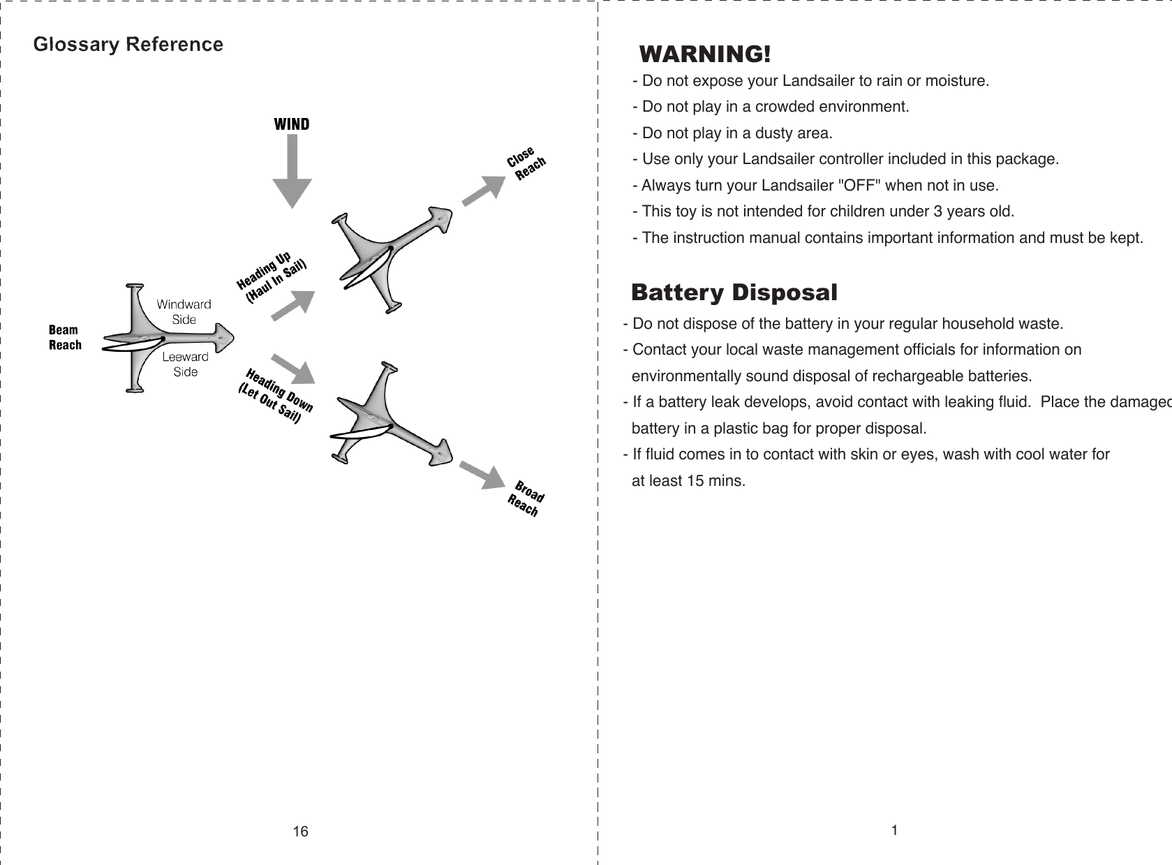 WARNING!- Do not expose your Landsailer to rain or moisture.- Do not play in a crowded environment.- Do not play in a dusty area.- Use only your Landsailer controller included in this package.- Always turn your Landsailer &quot;OFF&quot; when not in use.- This toy is not intended for children under 3 years old.- The instruction manual contains important information and must be kept.1- Do not dispose of the battery in your regular household waste.- Contact your local waste management officials for information on   environmentally sound disposal of rechargeable batteries.- If a battery leak develops, avoid contact with leaking fluid.  Place the damaged  battery in a plastic bag for proper disposal.- If fluid comes in to contact with skin or eyes, wash with cool water for   at least 15 mins.Battery Disposal16Glossary ReferenceGlossary Reference