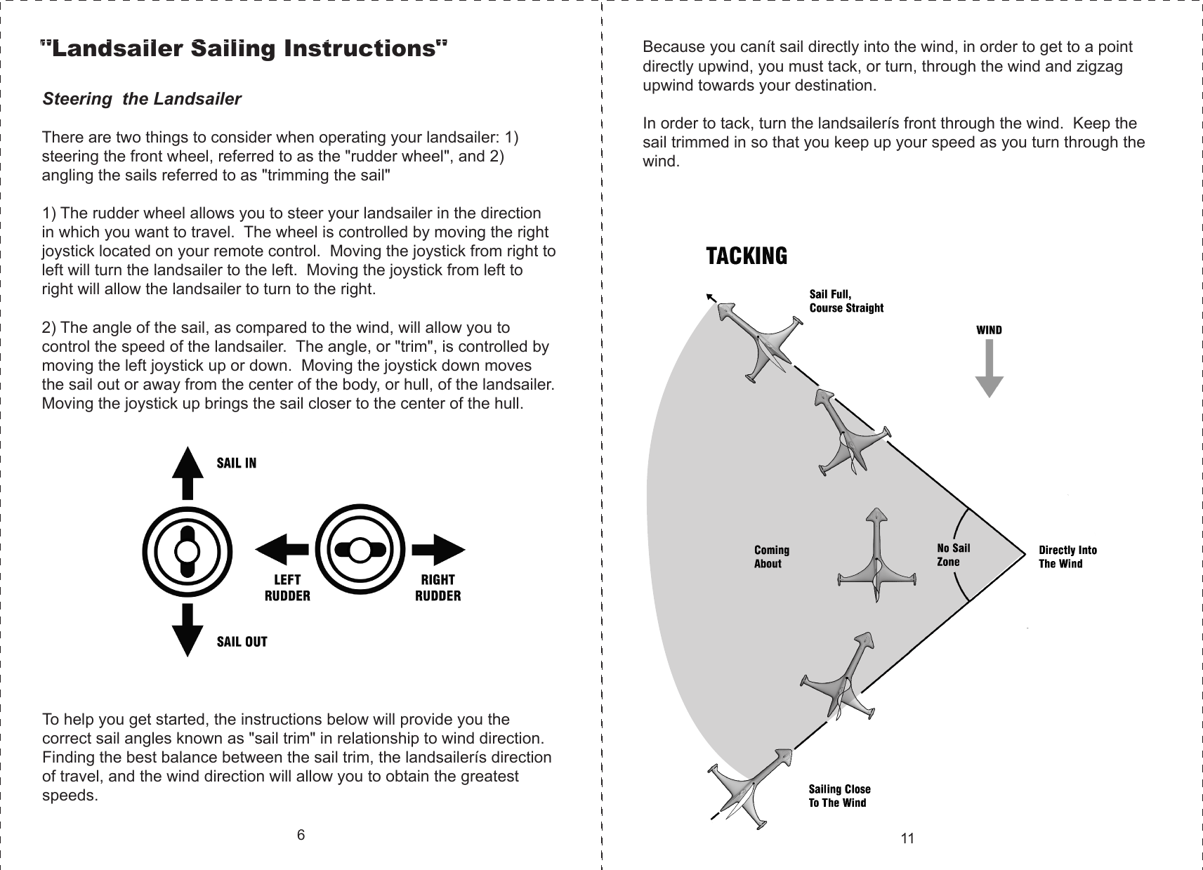 Because you canít sail directly into the wind, in order to get to a point directly upwind, you must tack, or turn, through the wind and zigzag upwind towards your destination.In order to tack, turn the landsailerís front through the wind.  Keep the sail trimmed in so that you keep up your speed as you turn through the wind.  11Steering  the LandsailerThere are two things to consider when operating your landsailer: 1) steering the front wheel, referred to as the &quot;rudder wheel&quot;, and 2) angling the sails referred to as &quot;trimming the sail&quot;  1) The rudder wheel allows you to steer your landsailer in the direction in which you want to travel.  The wheel is controlled by moving the right joystick located on your remote control.  Moving the joystick from right to left will turn the landsailer to the left.  Moving the joystick from left to right will allow the landsailer to turn to the right.   2) The angle of the sail, as compared to the wind, will allow you to control the speed of the landsailer.  The angle, or &quot;trim&quot;, is controlled by moving the left joystick up or down.  Moving the joystick down moves the sail out or away from the center of the body, or hull, of the landsailer.  Moving the joystick up brings the sail closer to the center of the hull.  &quot;Landsailer Sailing Instructions&quot;To help you get started, the instructions below will provide you the correct sail angles known as &quot;sail trim&quot; in relationship to wind direction.  Finding the best balance between the sail trim, the landsailerís direction of travel, and the wind direction will allow you to obtain the greatest speeds.  6