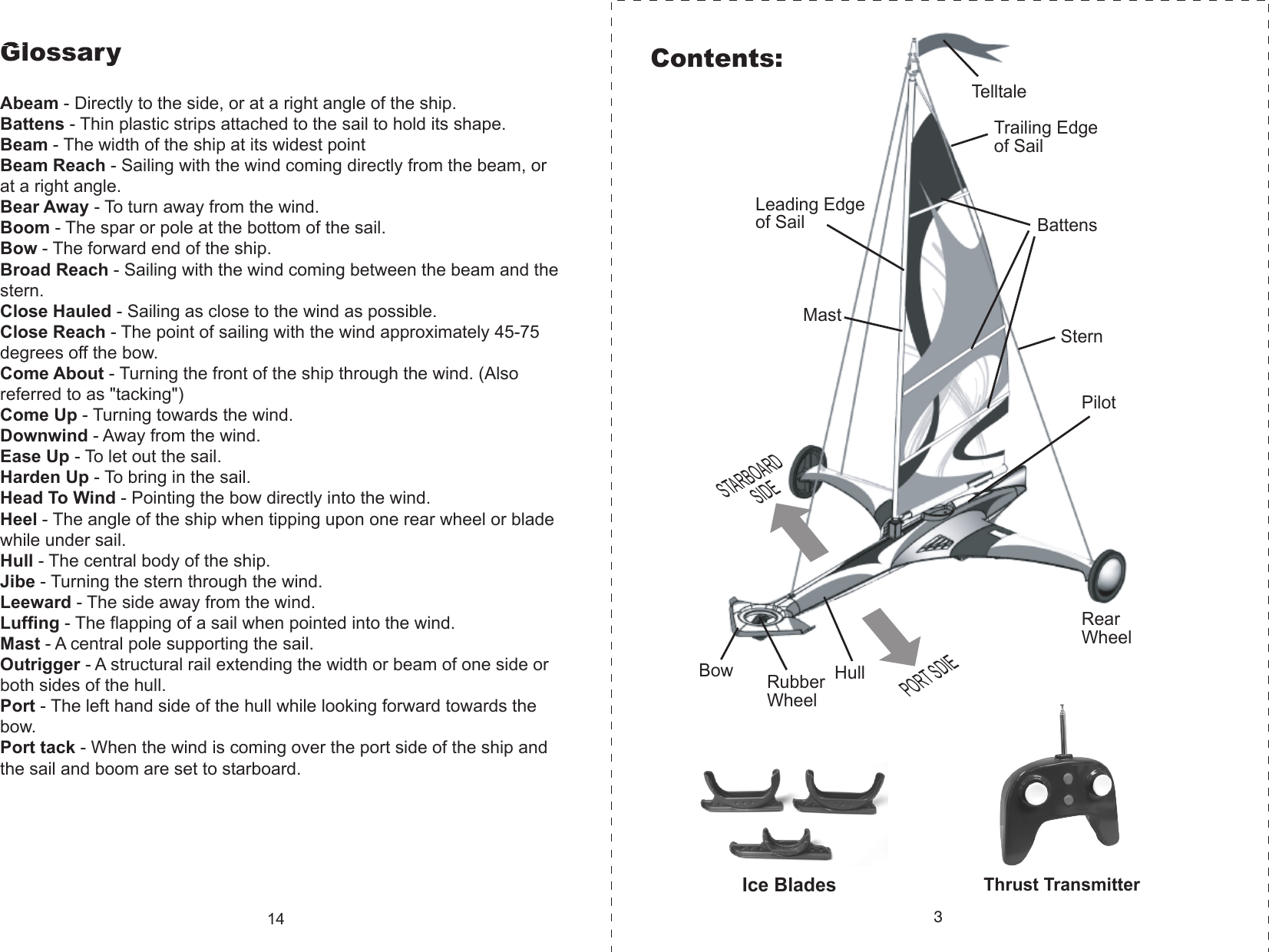TelltaleLeading Edgeof SailMastTrailing Edgeof SailBattensSternPilotRearWheelHullRubberWheelBowSTARBOARDSIDEPORT SDIEThrust TransmitterContents:3GlossaryAbeam - Directly to the side, or at a right angle of the ship.Battens - Thin plastic strips attached to the sail to hold its shape.Beam - The width of the ship at its widest pointBeam Reach - Sailing with the wind coming directly from the beam, or at a right angle. Bear Away - To turn away from the wind.Boom - The spar or pole at the bottom of the sail.Bow - The forward end of the ship.Broad Reach - Sailing with the wind coming between the beam and the stern.Close Hauled - Sailing as close to the wind as possible.Close Reach - The point of sailing with the wind approximately 45-75 degrees off the bow.Come About - Turning the front of the ship through the wind. (Also referred to as &quot;tacking&quot;)Come Up - Turning towards the wind.Downwind - Away from the wind. Ease Up - To let out the sail. Harden Up - To bring in the sail.Head To Wind - Pointing the bow directly into the wind.Heel - The angle of the ship when tipping upon one rear wheel or blade while under sail.Hull - The central body of the ship.Jibe - Turning the stern through the wind.Leeward - The side away from the wind.Luffing - The flapping of a sail when pointed into the wind.Mast - A central pole supporting the sail.Outrigger - A structural rail extending the width or beam of one side or both sides of the hull.Port - The left hand side of the hull while looking forward towards the bow.Port tack - When the wind is coming over the port side of the ship and the sail and boom are set to starboard.14Ice Blades