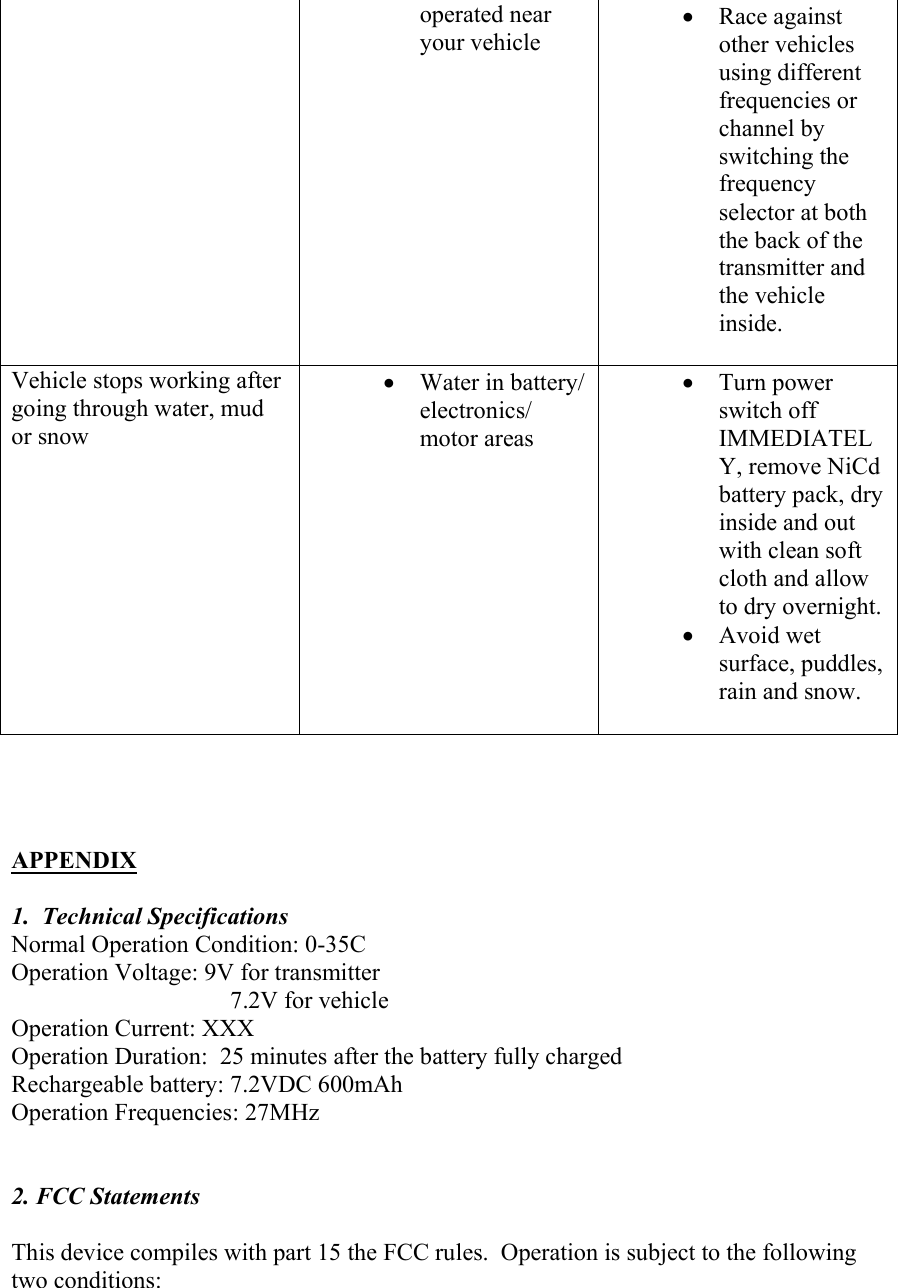 operated near your vehicle  • Race against other vehicles using different frequencies or channel by switching the frequency selector at both the back of the transmitter and the vehicle inside.  Vehicle stops working after going through water, mud or snow • Water in battery/ electronics/ motor areas  • Turn power switch off IMMEDIATELY, remove NiCd battery pack, dry inside and out with clean soft cloth and allow to dry overnight.• Avoid wet surface, puddles, rain and snow.      APPENDIX  1.  Technical Specifications Normal Operation Condition: 0-35C Operation Voltage: 9V for transmitter    7.2V for vehicle Operation Current: XXX Operation Duration:  25 minutes after the battery fully charged Rechargeable battery: 7.2VDC 600mAh Operation Frequencies: 27MHz   2. FCC Statements  This device compiles with part 15 the FCC rules.  Operation is subject to the following two conditions: 